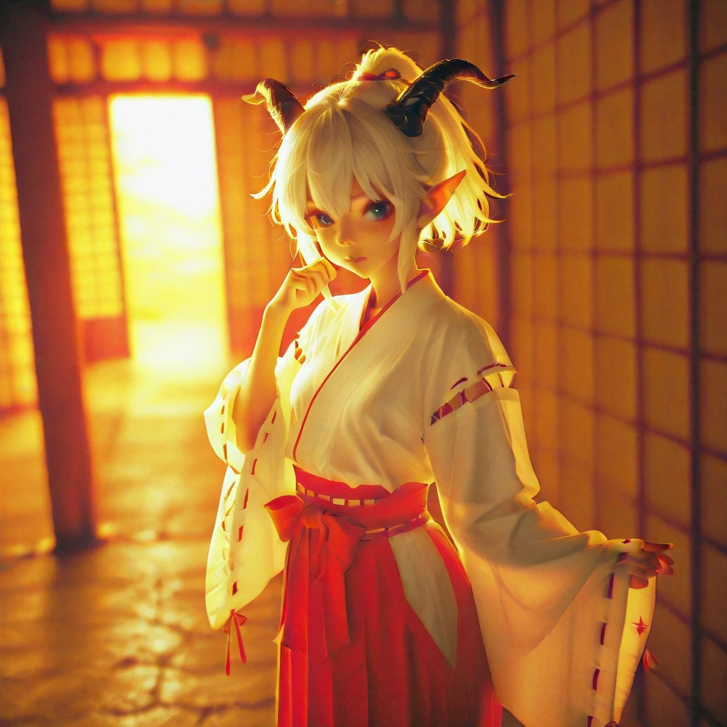 (best quality),(High Resolution),Dragon's Eye ,1 girl, short hair, blue eyes, o, Medium Chest, ponytail, white hair, Black Horns, pointed ears, goat horn , double pigtail, Alone,Snake's Eye,Miko costume