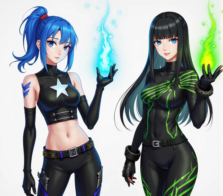 Hot woman, blue hair, orange eyes, fighthing, magic