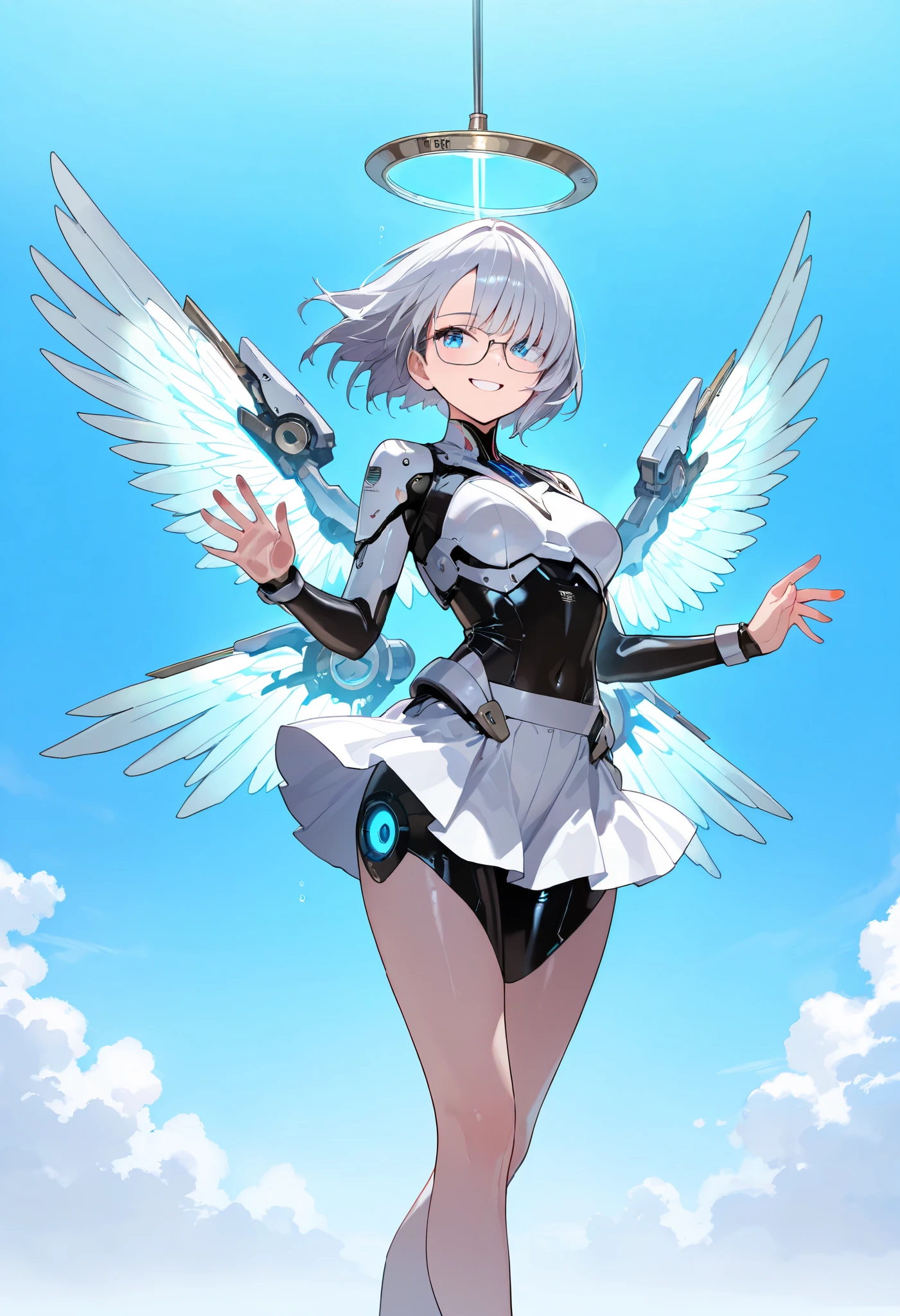 hyper HD, retinas, Anatomically correct, Textured skin, Super detail, Best quality, A high resolution(细腻细致), (Intricate details), (Cinematic light, 最优质的背光), 清晰的线条, From below, solo female,perfect bodies,(1girll),Petite,Short hair,whaite hair,With gray eyes,Bob Head,(mechanical angel:1.4),(Projection light wings:1.3),mechanicalparts,White body paint,Mecha musume,Fusion mech,Mecha,(Bionic machinery(pigeons):1.3),the sky background,(with blue sky and white clouds:1.3)