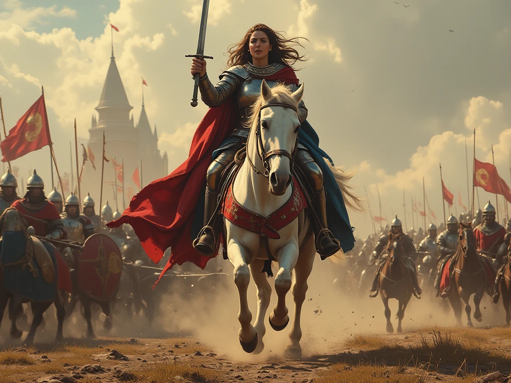 (biblical warrior,biblical army,Sisera's army,ancient times) [illustration,highres,ultra-detailed,physically-based rendering], (strong men:1.1) [vivid colors,worn-out armor], (battlefield:1.1) [dust,chaos,mud], (epic scene:1.2) [dramatic lighting,high contrast], (shields and swords:1.1) [jeweled shield,shining swords,ornate details], (army formation:1.1) [strict order,perfect symmetry], (fearless soldiers) [war paint on their faces,intense gazes], (horses:1.1) [powerful,beautiful,galloping], (flag:1.1) [fluttering,spirit of faith], (clouds of dust:1.1) [created by their movement,dynamic atmosphere], (scenic background:1.1) [rugged mountains,distant hills], (weather:1.1) [stormy sky,threatening clouds], (war cries:1.1) [echoing through the air,creating tension], (leaders:1.1) [powerful commander,courageous captains], (action:1.1) [swift attacks,motion blur], (feeling of triumph:1.1) [victory is near,overwhelming bravery].