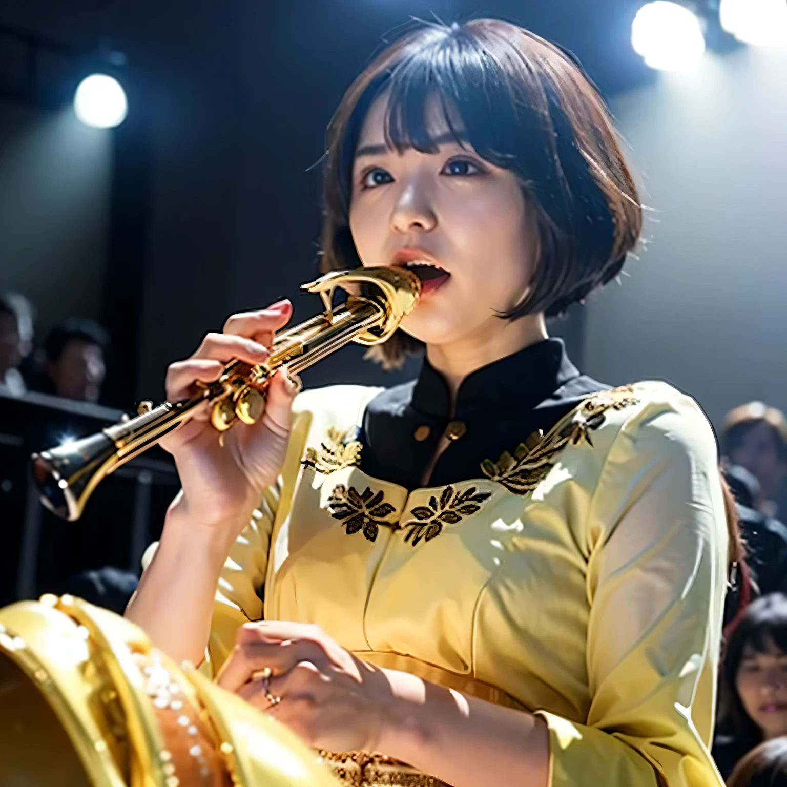 Depict a 20-year-old, dazzlingly beautiful woman playing a brass instrument in a grand concert hall. She wears an elegant yet practical band uniform, designed with intricate gold embroidery. Her posture is poised, fingers positioned with precision, her eyes focused as she plays passionately. The warm stage lighting highlights the shine of her instrument, creating a visually striking contrast between her and the surrounding orchestra. Black hair, bob haircut, dark eyes.