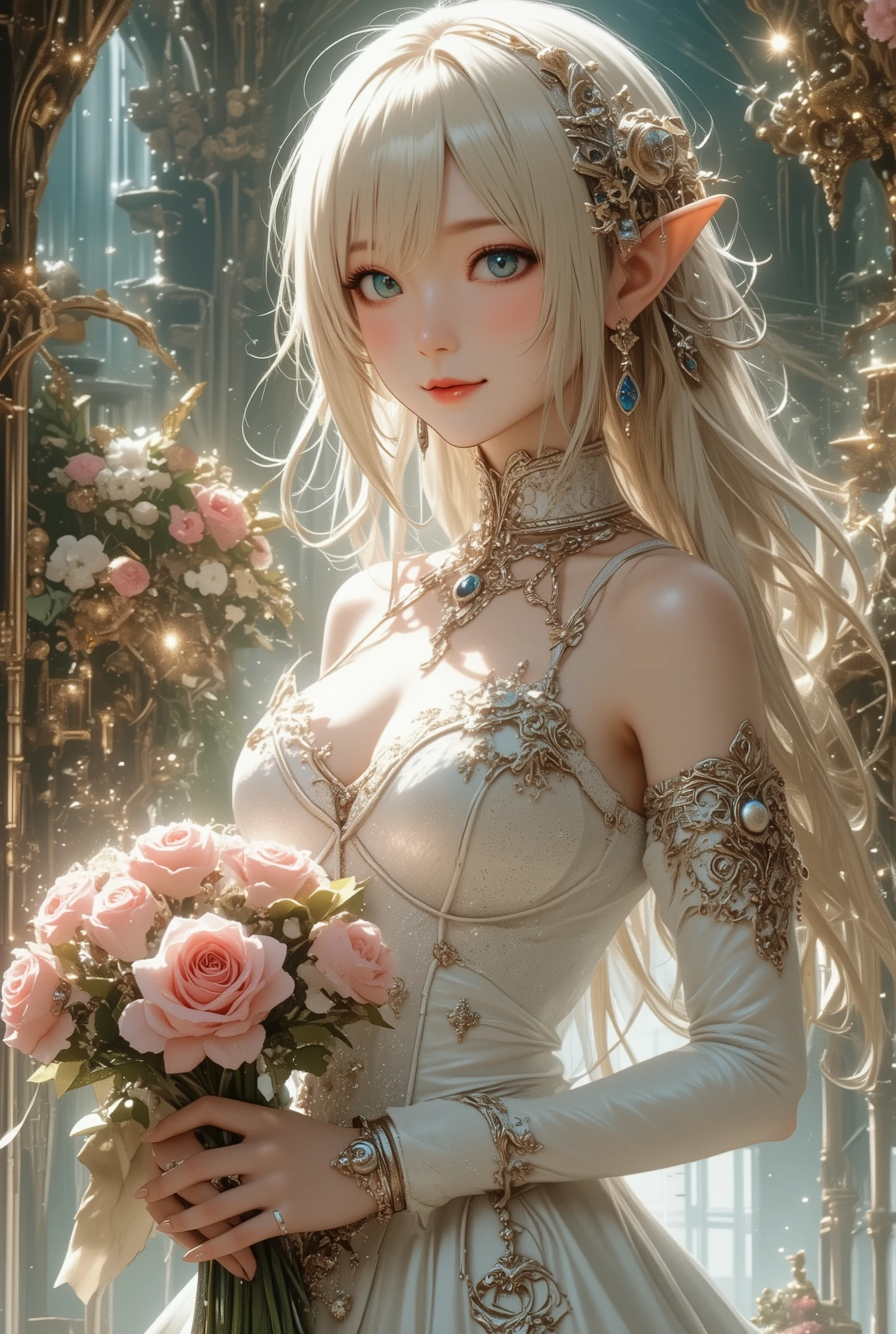 best quality , high image quality, 16k, unbelievably ridiculous , very well detailed, 2.5D, delicate and dynamic, Kiri Reina Female, seductive smile, pure white wedding dress , great style , bouquet, steampunk, dieselpunk , clock punk , Cyberpunk, glitter effect