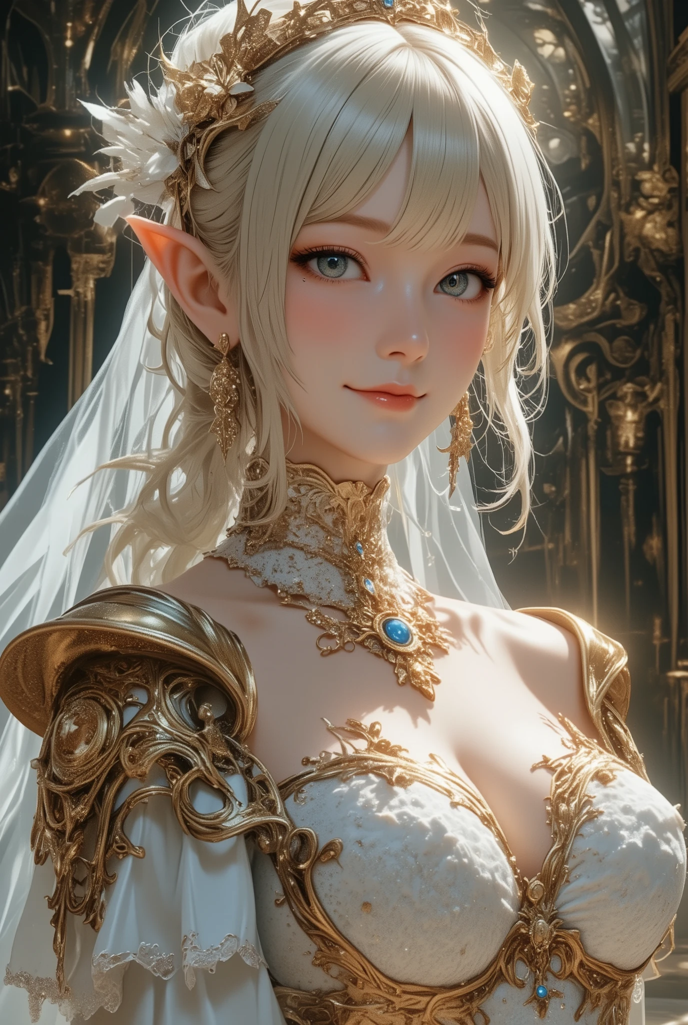 best quality , high image quality, 16k, unbelievably ridiculous , very well detailed, 2.5D, delicate and dynamic, Kiri Reina Female, seductive smile, pure white wedding dress , great style , bouquet, steampunk, dieselpunk , clock punk , Cyberpunk, glitter effect
