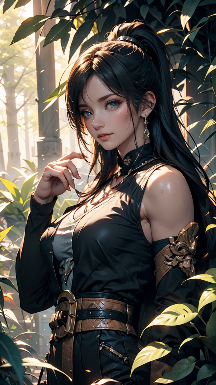 seductive leaning forward detailed skin, ultra realistic 8k cg, picture-perfect face, flawless, clean, masterpiece, professional artwork, famous artwork, cinematic lighting, cinematic bloom,((black hair)),(1girl, beautiful korean girl),perfect face, (young:1.1),((fit figure)),((2)), beautiful face, beautiful blue eyes,detail eyes, detail face, (((perfect female body, narrow waist))),(large breasts:1.3),((girl standing)),upper body,blade to side,strike pose,blade down,blade right hand,, cherry blossoms, (masterpiece, best quality, high quality, highres, ultra-detailed),