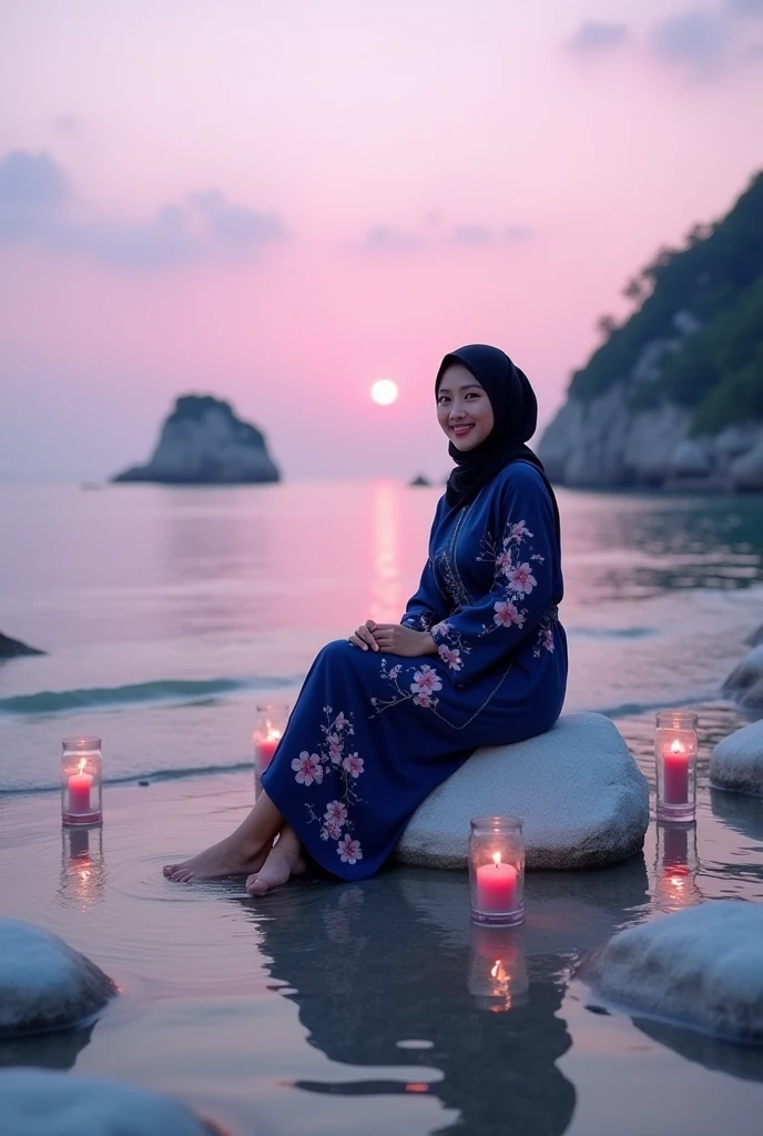 ((best quality)), ((masterpiece)), (detailed), 1girl, of close sweater,((long denim pants,blue jeans)), a solo girl,turkish girl, beauty woman ,wearing a hijab, smiling face, looking front,sitting on a wood chair, garden and pool background, at night,low light,night sky, clear sky, colorful decorative lights by the pool, bright full moon,