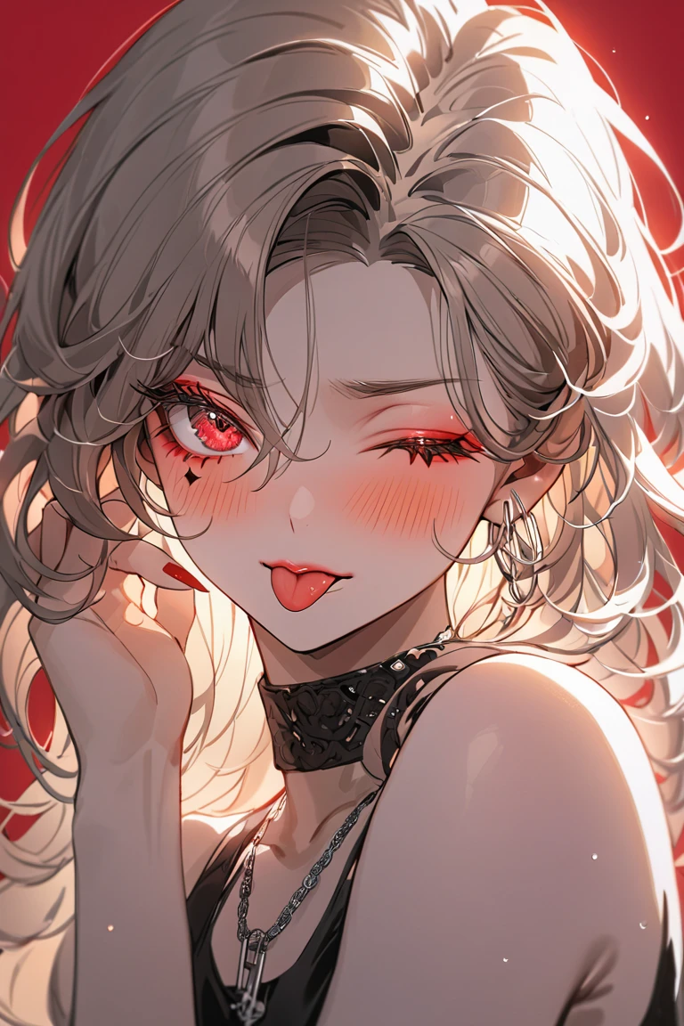 ((masterpiece, best quality)), highres, 8k, cinematic light, high contrast, depth of field, intense glow, simple background, darkness, abyssal, 1girl, cute, naughty, seductive smile, perfect arms, perfect hands, perfect fingers, detailed fingers, (heterochromia), (completely nude), close up, close shot, portrait of a girl, detailed eyes, glowing red eyes, sparkle in eyes, detailed iris, grin, stylized, (messy hair), (hair over one eye), luminous, fangs, demon horns, mouth wide open, tongue out, (heavy rain:1.3), one hand on mouth