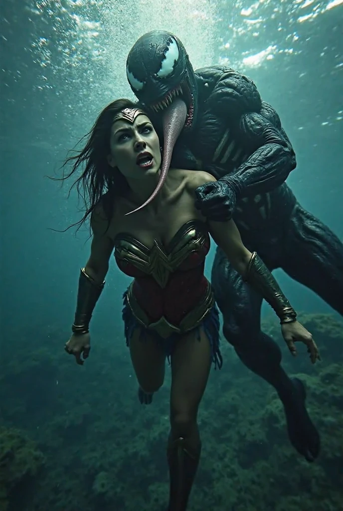 Adriana Lima under the mantle of the Amazonian warrior Wonder Woman swimming underwater alongside a prehistoric whale, blood surrounding her, sensitive and bloody images.