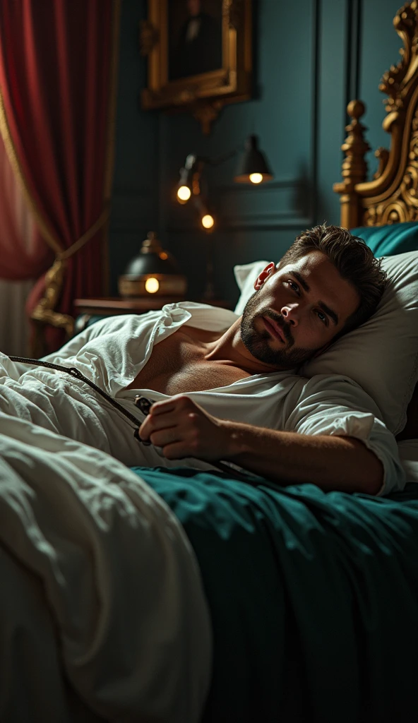 a man sleeping in his bed, an angel watching over him, night scene, highly detailed, hyper realistic, vibrant colors, dramatic lighting, intricate textures, chiaroscuro, cinematic composition, masterpiece, photorealistic, 8k, best quality