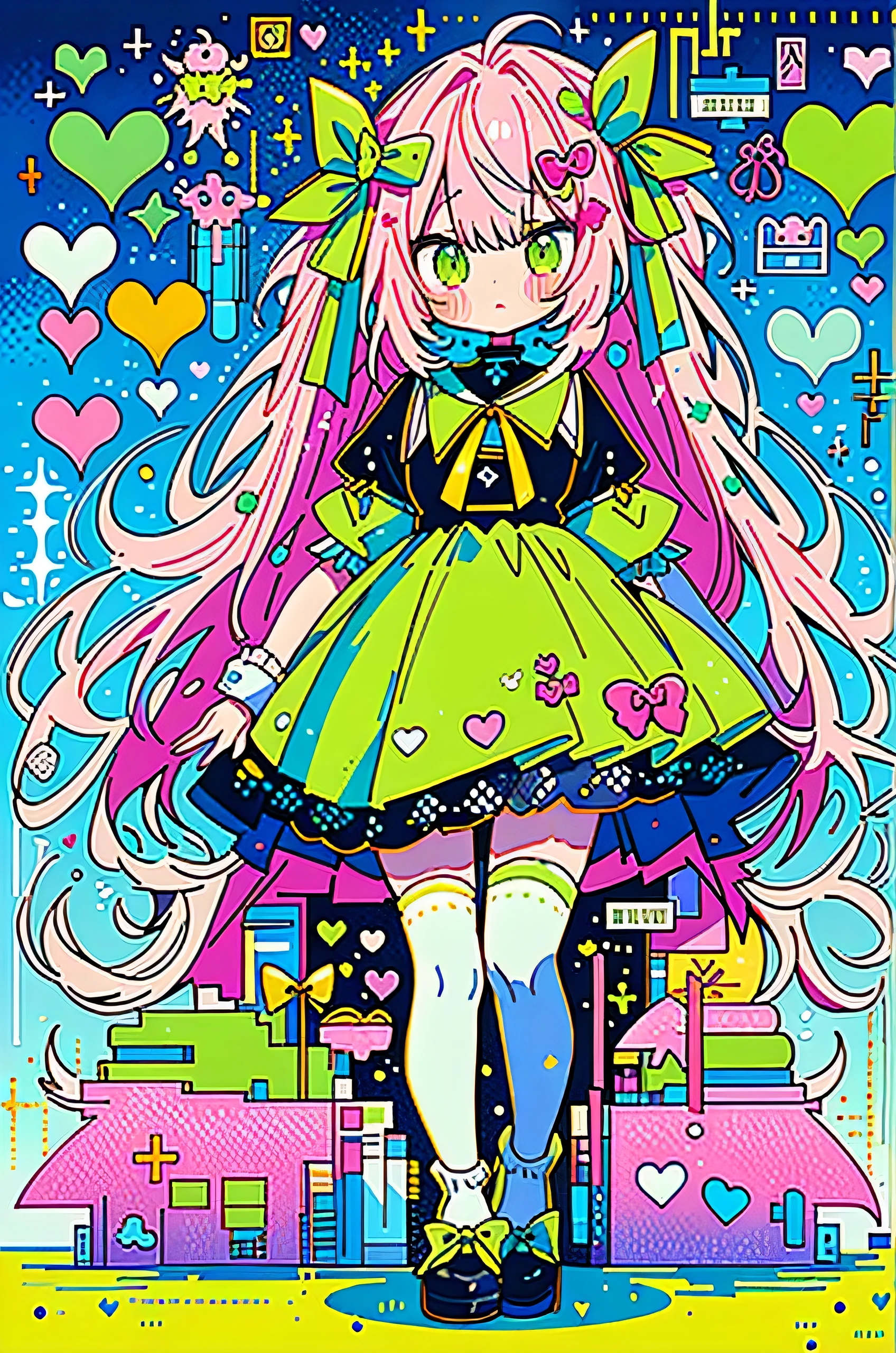 " (masterpiece, best quality), intricate details, cute, cute, (( standing picture )), cute女の子, yellow and light green color scheme、 pink hair、ponytail、big hair ribbon、thigh high socks, Harajuku fashion style、"