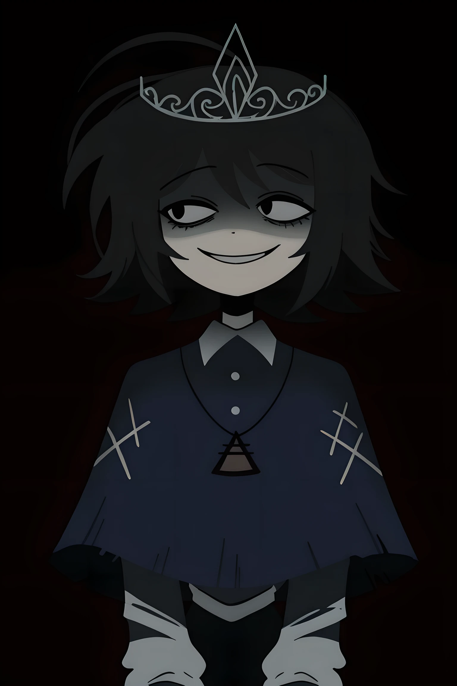 sketch, 15546+456868, AliceFPE, 1girl, solo, medium hair, black eyes, black eyes, tiara, black eyes, smile, capelet, long sleeves, white socks, portrait, upper body, eye contact, intense expression, exaggerated features, high contrast, detailed lines, distorted proportions, intense gaze, emotional intensity, dramatic,
unsettling, contemporary, psychological, graphic, dark, eerie, haunting, psychological horror, expressionism, abstract human form, stylized, portrait, upper body , facing viewer, looking to the side,
indoors, dark room,
masterpiece, best quality, amazing quality, very aesthetic, absurdres, newest, scenery,
