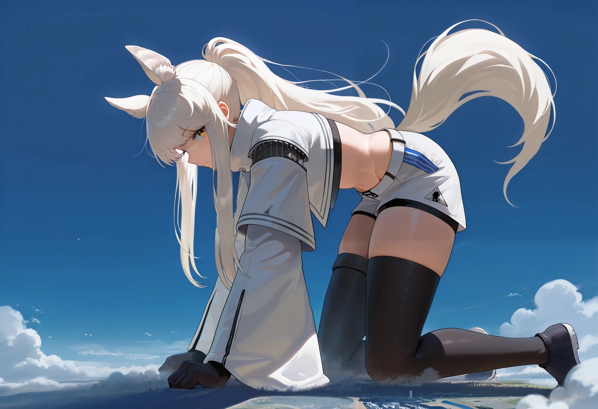 score_9, score_8_up , score_7_up BREAK, disheveled hair, detailed eyes, Platinum (arknights), white hair long hair, ponytail, yellow eyes, horse ears, horse tail BREAK, baseplat, plat clothes, plat gloves, plat shorts, plat thighhighs, wide sleeves BREAK, looking at viewer, groin, illustration, giantess, fullbody,microcity,Dust cloud,collapsing city,abwheel, facedown,on all fours,profile,Horizontal milk,