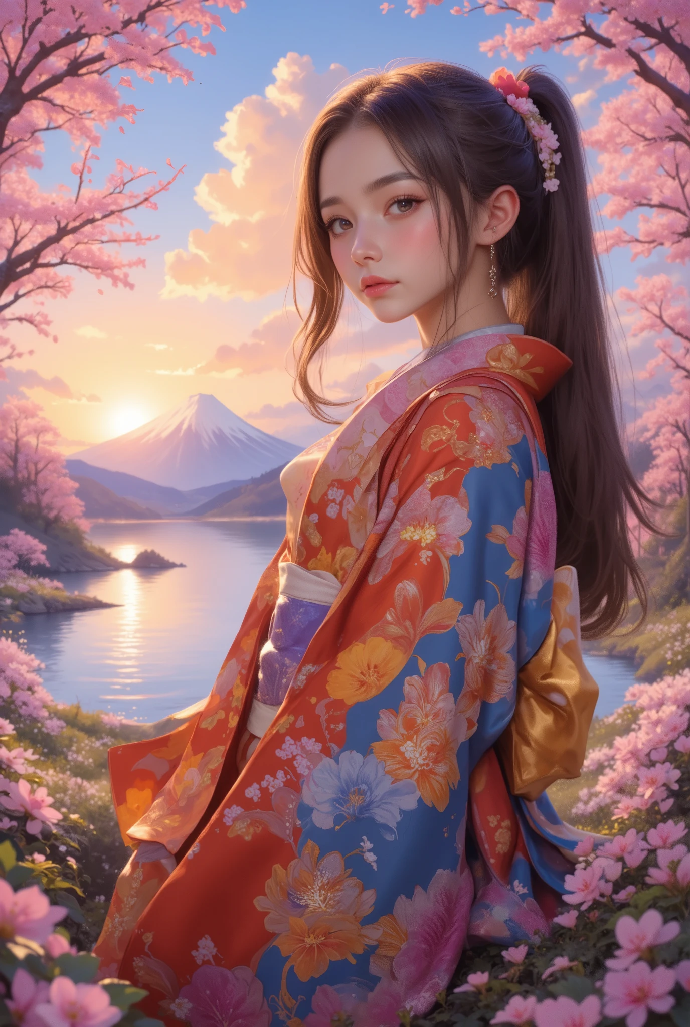 Highest quality,  masterpiece, extremely exhaustiveed, exhaustiveed background, exhaustiveed eyes, anime, 1 girl, beautiful eyes, young girl, Long Hair Girl,  expressive face ,    kimono, retro, Wind Scenery of Mount Fuji, outdoor, sunset, beautiful sky from the light source,  picnic on the lake , landscape, scenery,  horizon , Mountain sitting near a mountain, Wind,  petals, spring, look away,  atmospheric lighting at the general store , reflection,  Naturalism , exhaustive, realism. relaxation with towel,  beauty, solo focus, close-up,  from side, bitches line up in front of the motel, bokeh