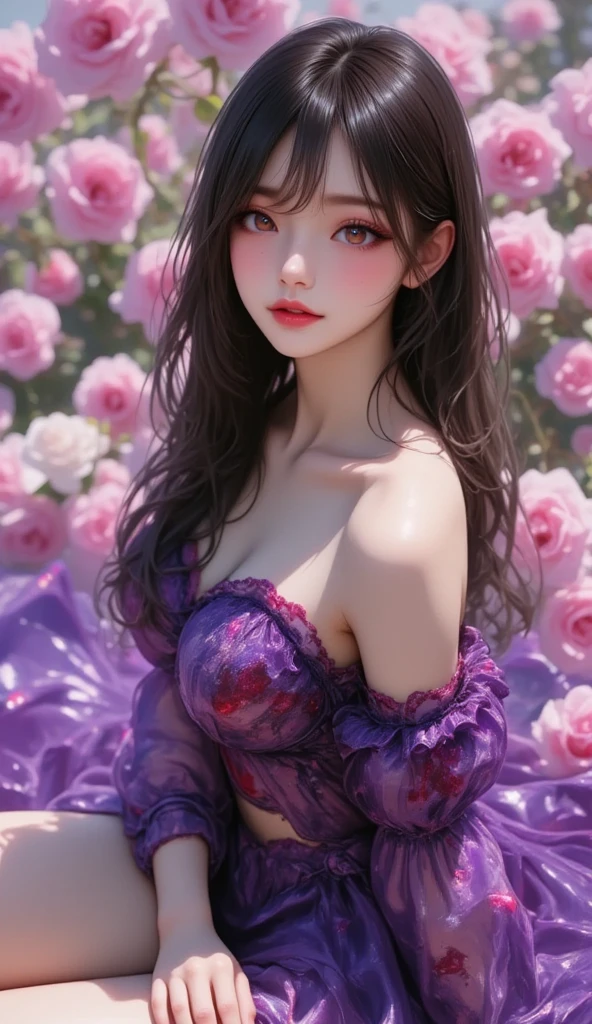 1girl, long hair, flower, Lisianthus, in the style of light pink and light azure, dreamy and romantic compositions, pale pink, ethereal foliage, playful arrangements,fantasy, high contrast, ink strokes, explosions, over exposure, purple and red tone impression, abstract, sitting, whole body capture,