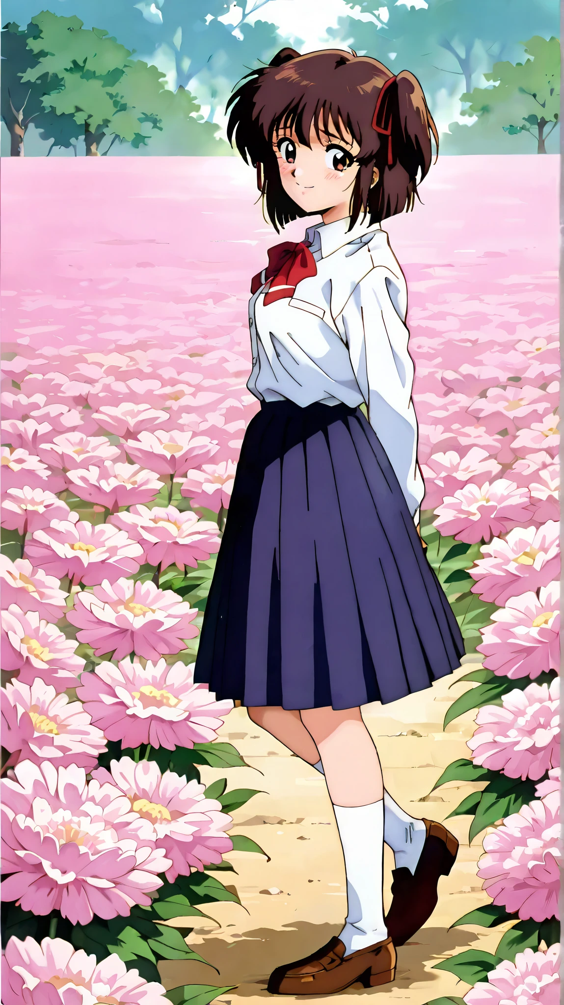 kayo,dark brown eyes,dark brown hair,two side hair,shoulder-length short hair,hair tied thin red ribbons,school uniform,white collared shirt,short red necktieribbon,navy blue short pleated skirt,white socks,loafers,whole body,full length,masterpiece,best quality,amazing quality,score_9, score_8_up, score_7_up, source_anime,retro art style,smile,shy,watery eyes,day,in the flower field,in the spring,from side,side view,standing,adult,18 years old