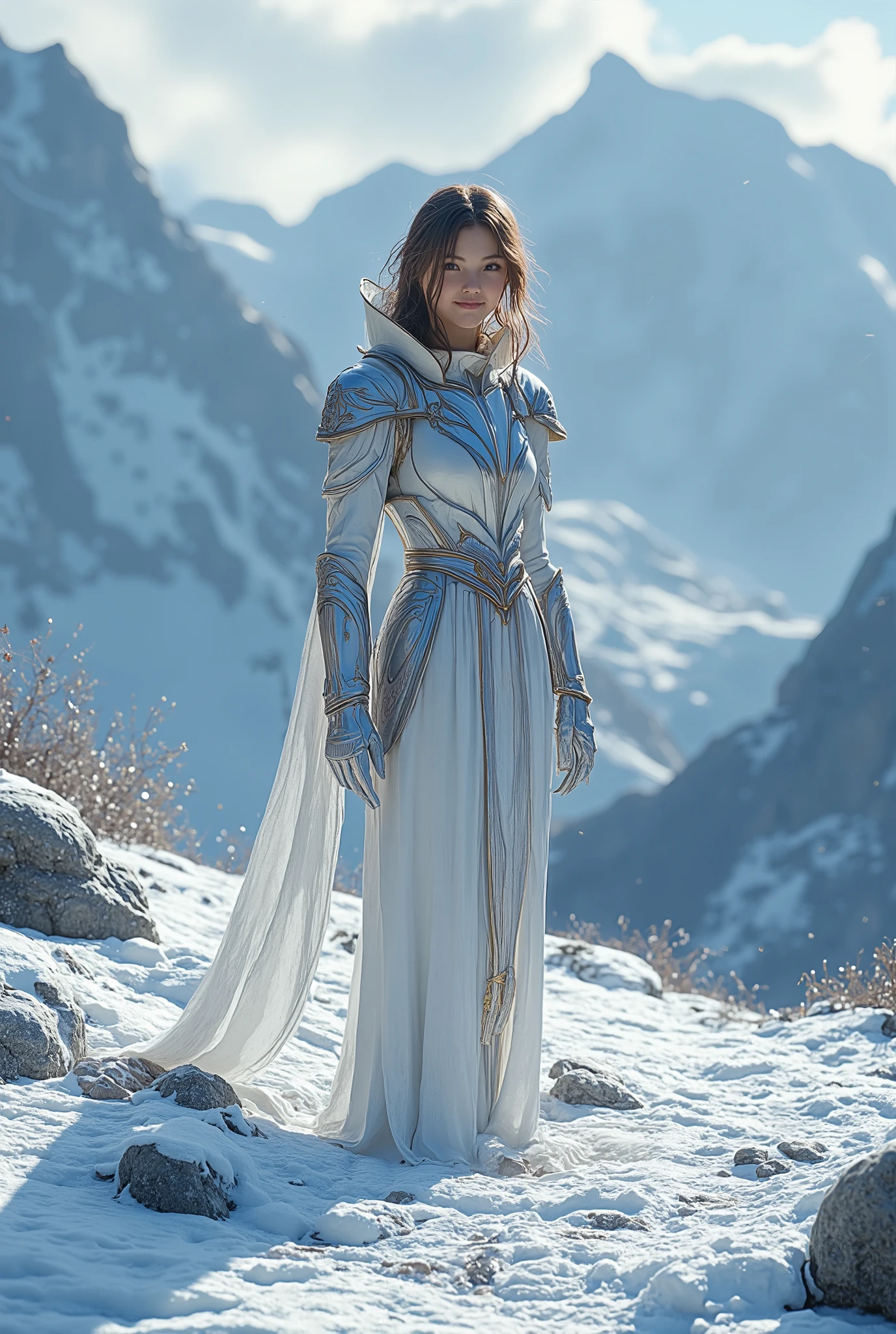 (ultra Realistic) , (illustration), (Enhance resolution), (8k), ( Extremely Detailed), ( detailed face ), Slim Body, in the dark , deep shadow, low profile, pureerosfaceace_v1, Happy smile, Winter, Mountain