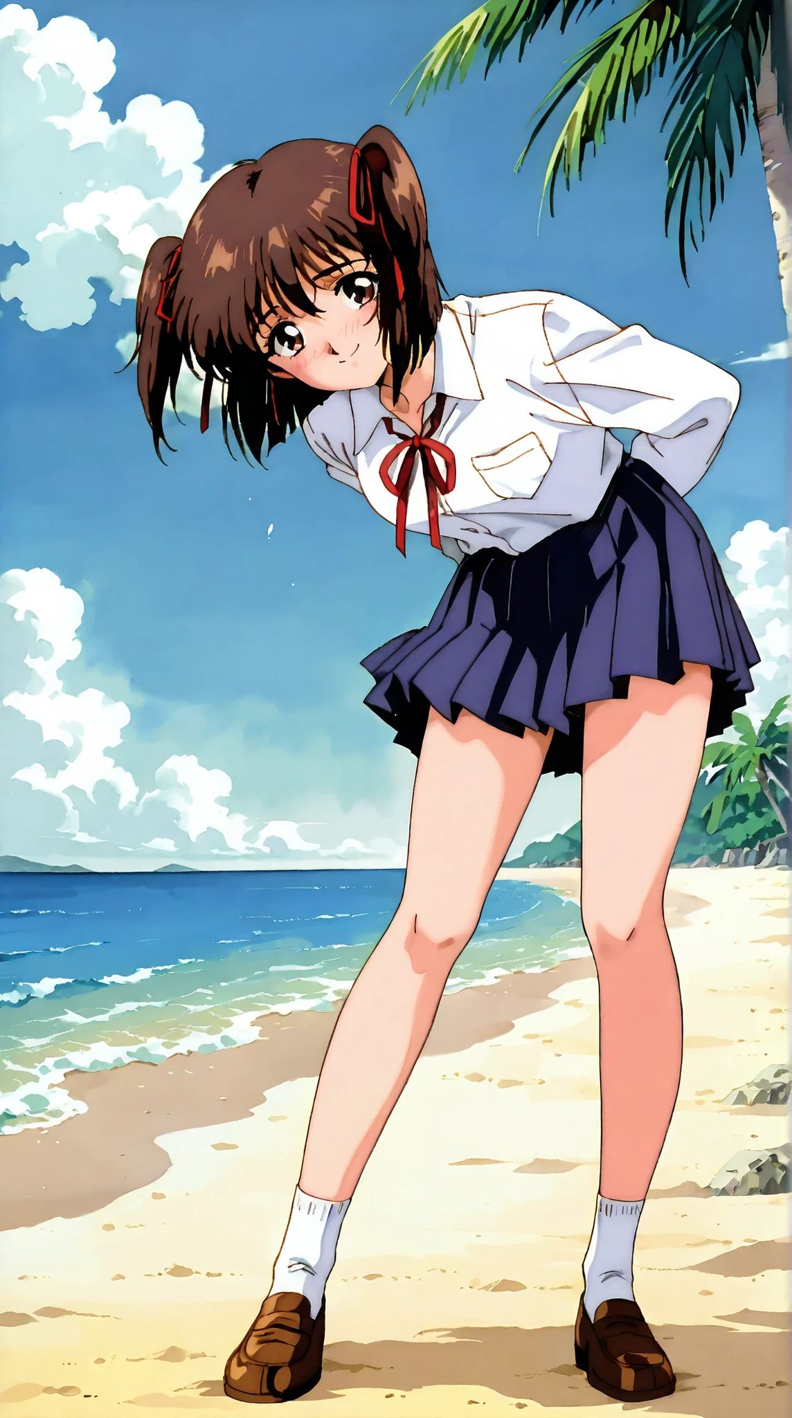 kayo,dark brown eyes,dark brown hair,two side hair,shoulder-length short hair,hair tied thin red ribbons,school uniform,white collared shirt,short red necktieribbon,navy blue short pleated skirt,white socks,loafers,whole body,full length,masterpiece,best quality,amazing quality,score_9, score_8_up, score_7_up, source_anime,retro art style,smile,shy,watery eyes,day,on the beach,sea side,standing,adult,18 years old,looking at viewer
