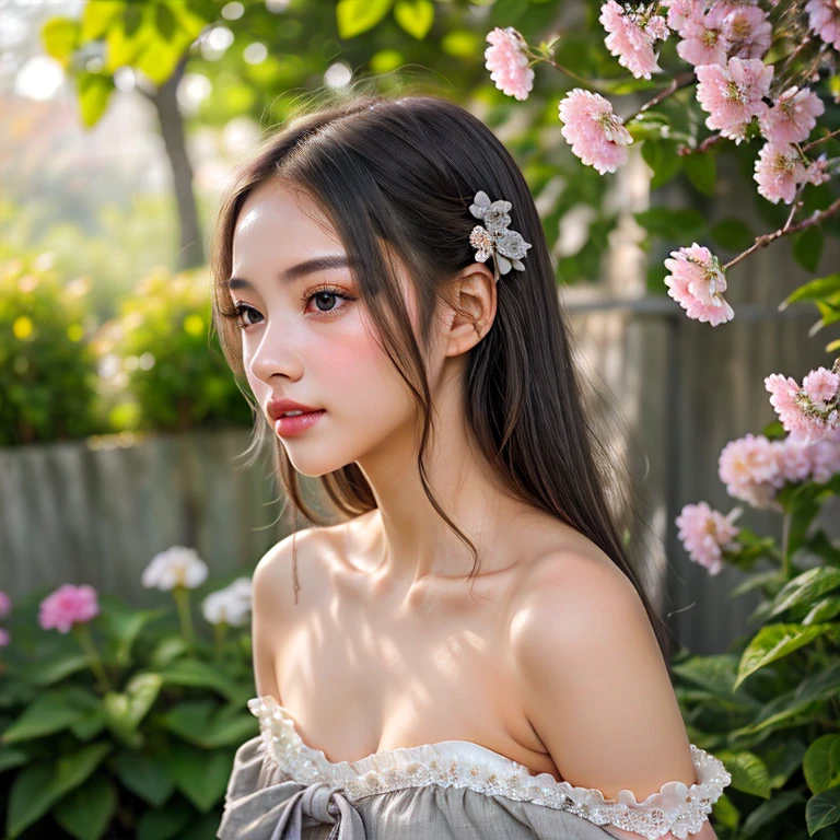 (young woman: 1.5), lace, ribbon, Hanfu, (masterpiece, side light, delicate and beautiful gray eyes: 1.2), masterpiece, realistic, glowing eyes, shiny hair, dark hair, long hair, shiny skin, solo, awkward, strapless, delicate, beautiful, garden, flowers, fluttering petals