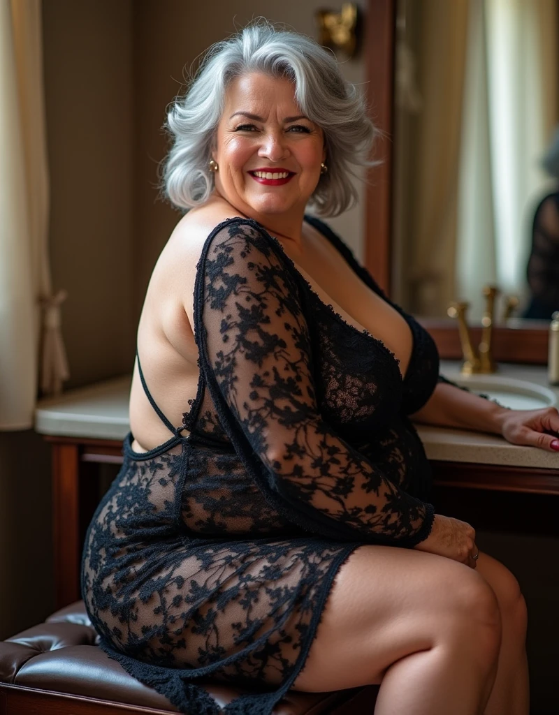 Mature old woman 80 years with hair, plus size, overweight, old face and body with many wrinkles, smiling, loose skin, standing at her bedroom posing for photo, She wearing black satin nightie, wearing sexy black robe, jaw dropping mature older beauty, old face and body with wrinkles, legs are visible, old face, bright makeup, red lips, attractive grandma, a gorgeous old hair, beautiful old grandma, lovely older mature grandma, gorgeous beautiful grandma over 80 years old, beautiful silver hair grandma, beautiful detailed body and face, a beautiful old granny