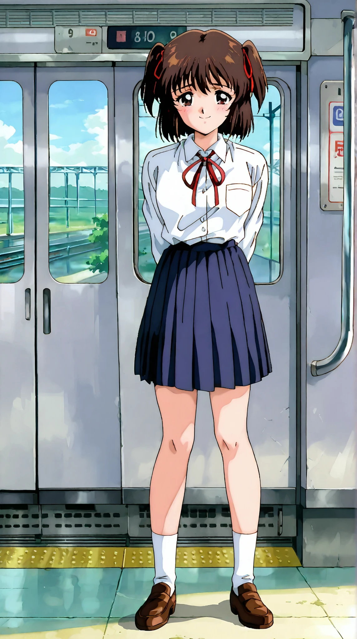 kayo,1 girl,dark brown eyes,dark brown hair,two side hair,shoulder-length short hair,hair tied thin red ribbons,school uniform,white collared shirt,short red necktieribbon,navy blue short pleated skirt,white socks,loafers,whole body,full length,masterpiece,best quality,amazing quality,score_9, score_8_up, score_7_up, source_anime,retro art style,smile,shy,watery eyes,day,in the station,by the train,standing,adult,18 years old,looking at viewer