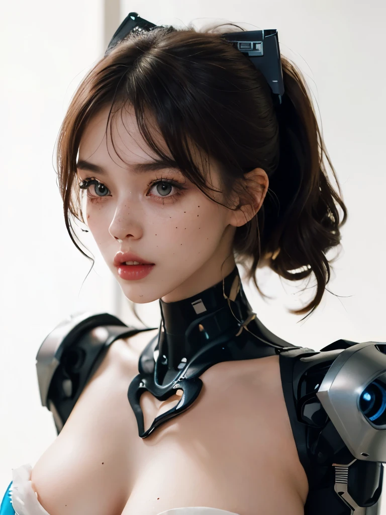 Complex 3d rendering very detailed beautiful porcelain silhouette asian woman, robot face, clear glass heavy armor, glowing white band, blue hair, blue eyes, cyborg, robot parts, robotic arm, robotic leg, mechanical joint, look at the viewer, 150mm, soft light, edge light, vibrant details, luxurious cyberpunk, lace, surrealism, anatomy, facial muscles, tight fit, cable wire, microchip, elegant, beautiful background, octane rendering, best quality, masterpiece, Illustration, extremely refined and beautiful, very detailed, CG, unified, wallpaper, (realistic, realistic: 1.37), fine details, masterpiece, best quality, official art, very detailed CG unified 8k wallpaper, full body, grin, battle, big tits, futuristic city, outdoors, daylight, clear sky. Tightens the figure with purple eyeliner at 75 corners