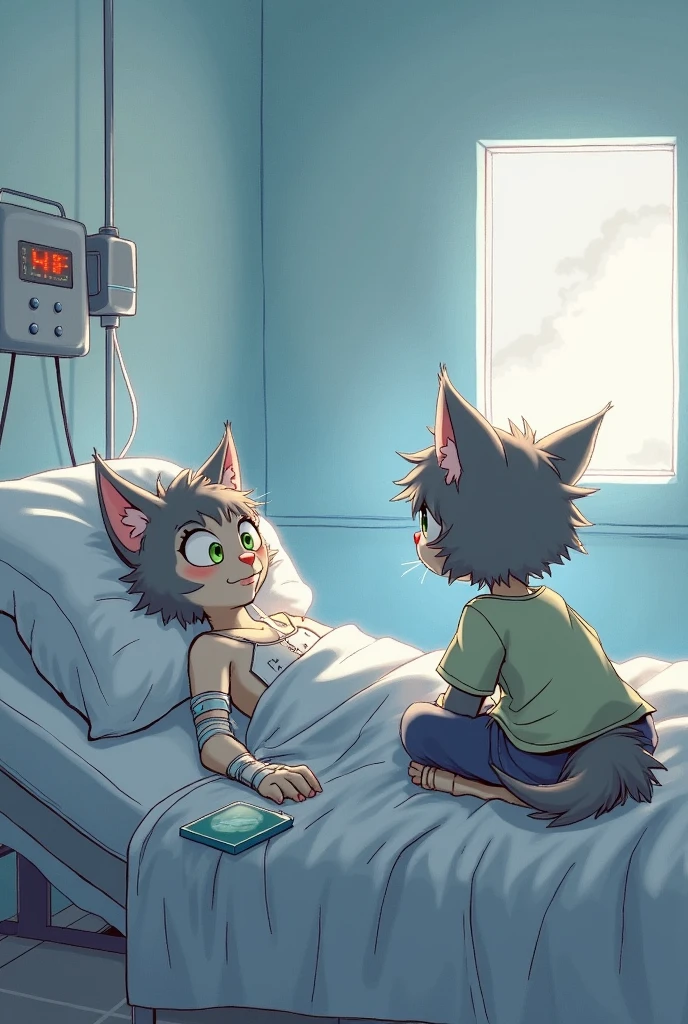 Inside a sterile hospital room, Kai A young grey-furred cat boy with short, messy fur and green eyes with casual clothes sits beside his mother, a silver-furred cat woman with a pale face, hooked up to medical equipment. She lies in a bed, weak but smiling faintly at her son. The room has pale blue walls, and a small hospital window shows an overcast sky. The room feels cold and isolating, with the soft beep of the machines in the background.