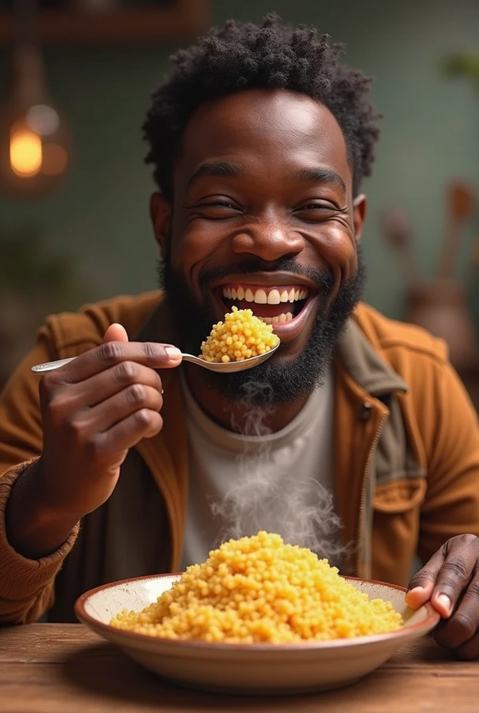 Image of a man enjoying a couscous dish. He has a very big smile. He is black
