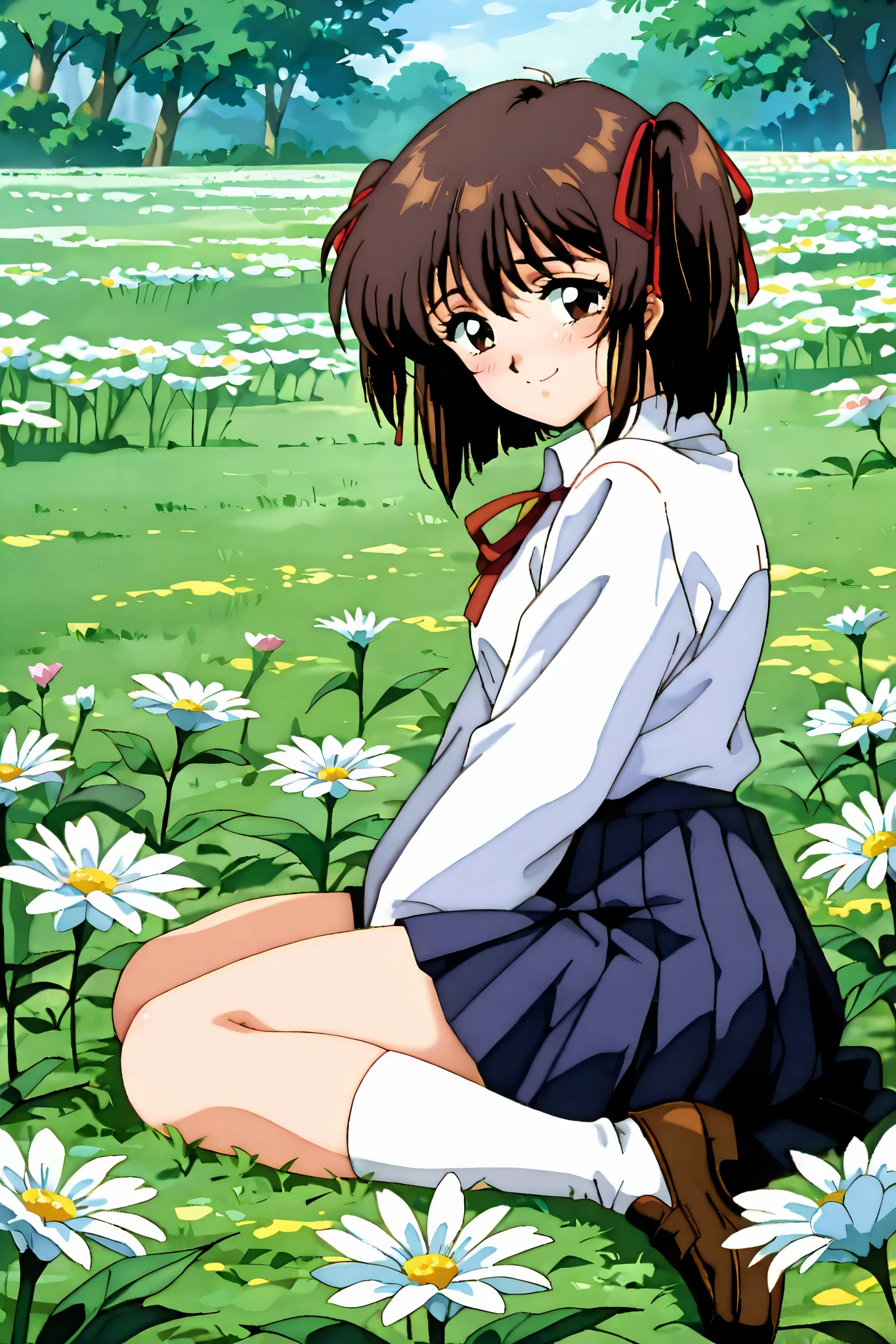 kayo,dark brown eyes,dark brown hair,two side hair,shoulder-length short hair,hair tied thin red ribbons,school uniform,white collared shirt,thin short red necktieribbon,navy blue short pleated skirt,white socks,loafers,whole body,full length,masterpiece,best quality,amazing quality,score_9, score_8_up, score_7_up, source_anime,retro art style,smile,shy,watery eyes,day,in the flower field,in the spring,from side,side view
