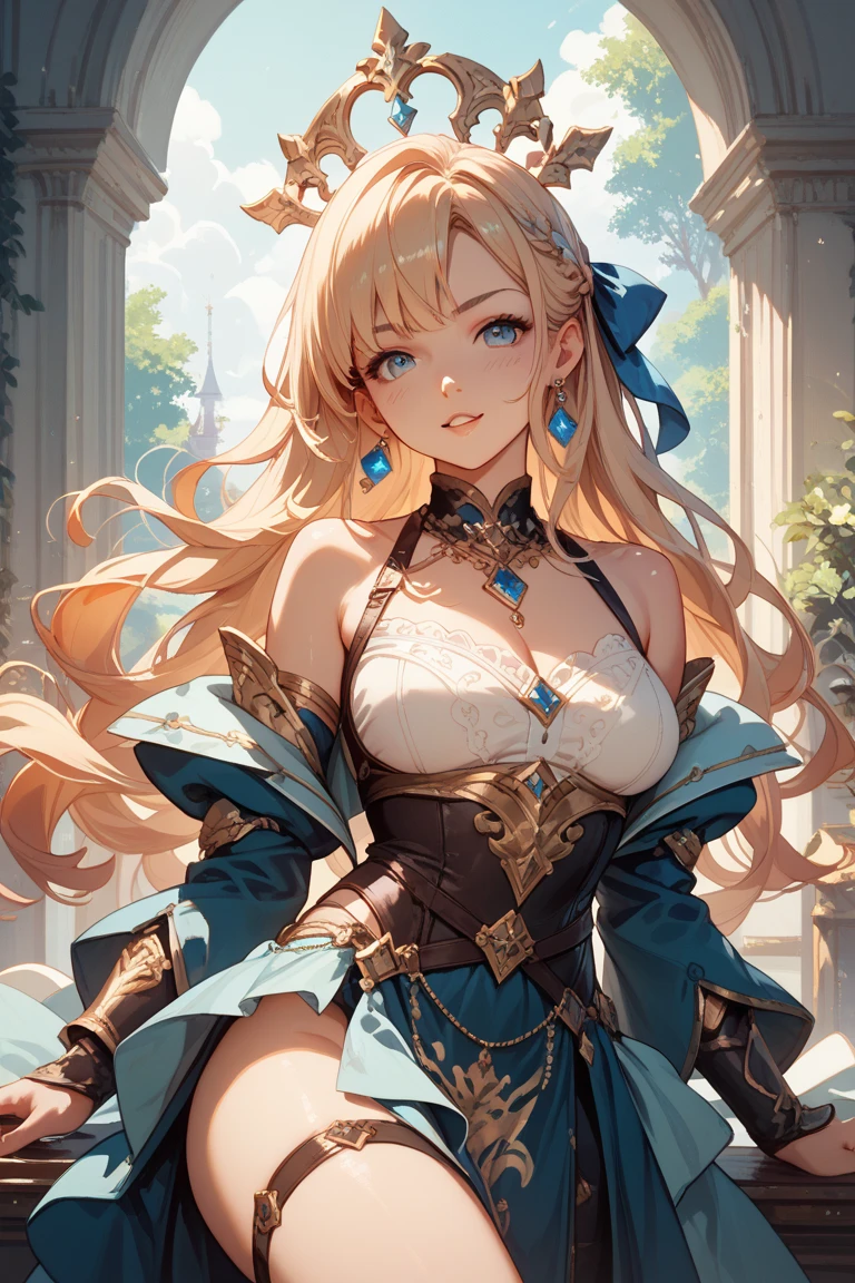(1 girl),panty shot,cameltoe,garter belt,seductive young woman, beautiful,large breasts,full body,standing, (long blonde curly hair, curly bangs),big blue glowing eyes,pale skin,lips, (ornate fantasy paladin armor, gold accents),(holding ornate longsword),(side-tie panties),fantasy cathedral,embarrassed,black collar