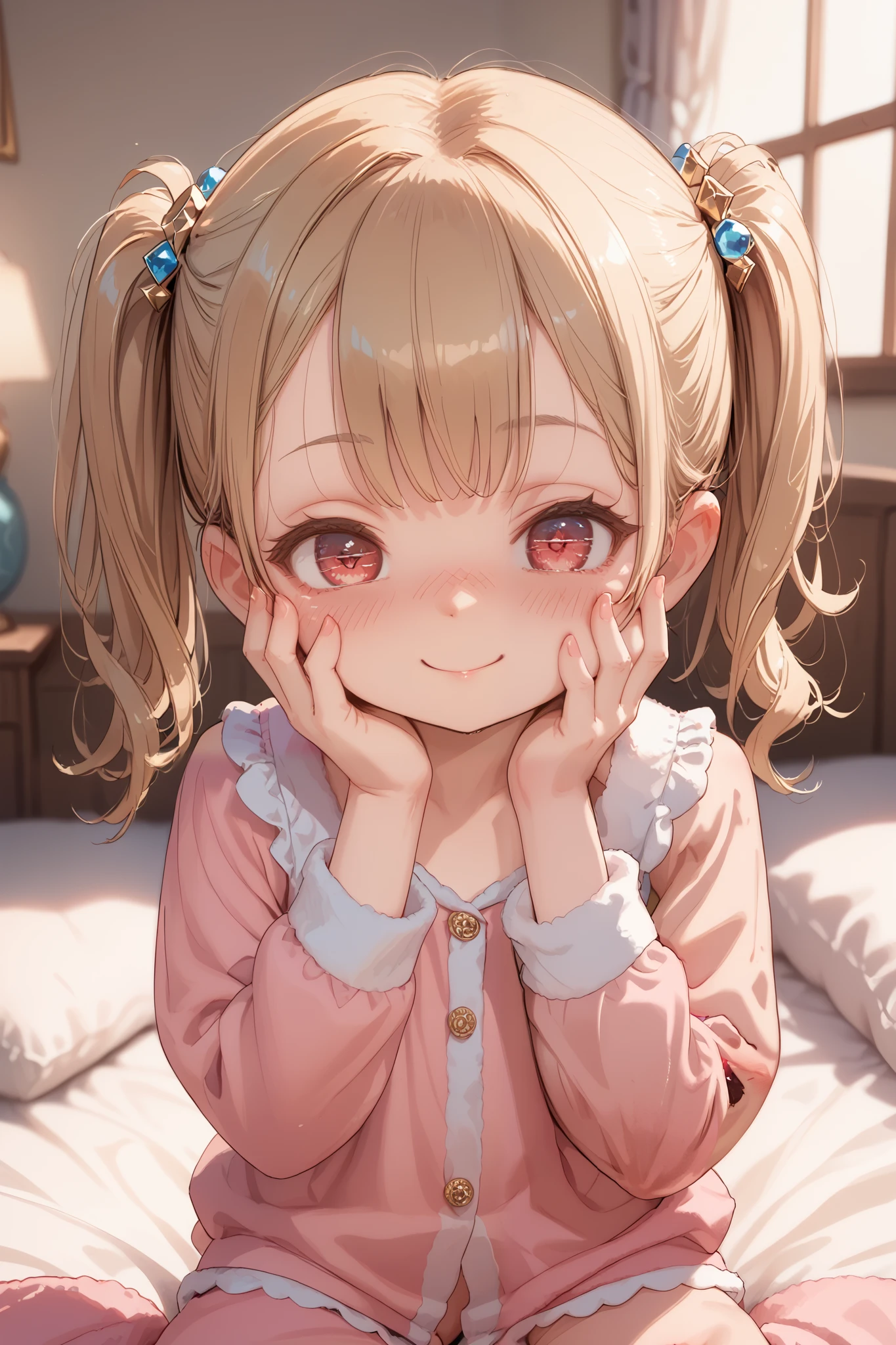 ((((1Girl)))),gold hair,long hair,twintails,best quality,red eyes, curi inside hair,asymmetrical bangs,((petite)),pink pajamas,((bedroom)),flat chest,(((blush))),(((smile))),(open eyes),hands on own face,furrowed brow
