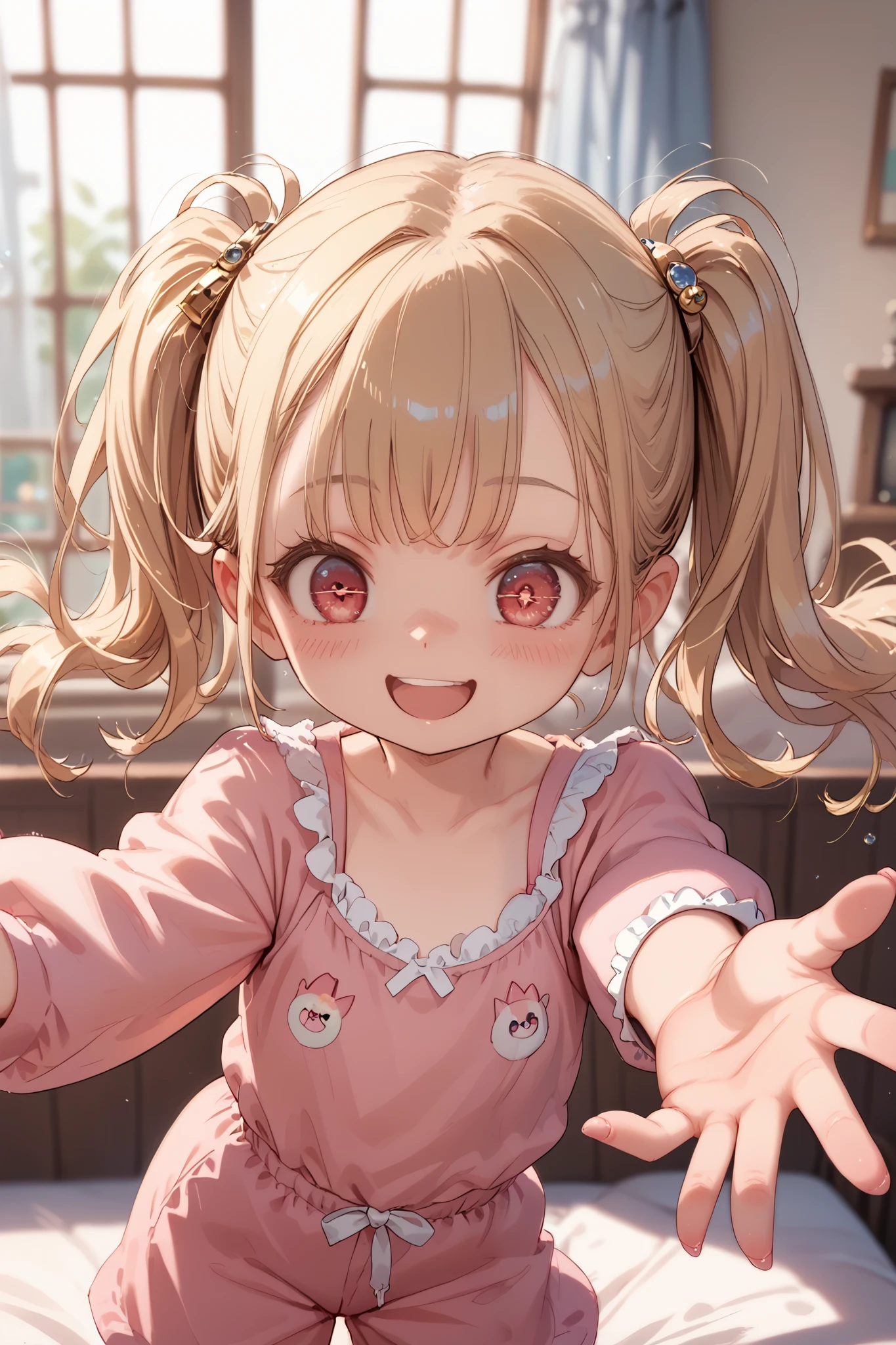 ((((1Girl)))),gold hair,long hair,twintails,best quality,red eyes, curi inside hair,asymmetrical bangs,((petite)),pink pajamas,((bedroom)),flat chest,(((blush))),(((smile))),(open eyes),((((reaching towards viewer)))),