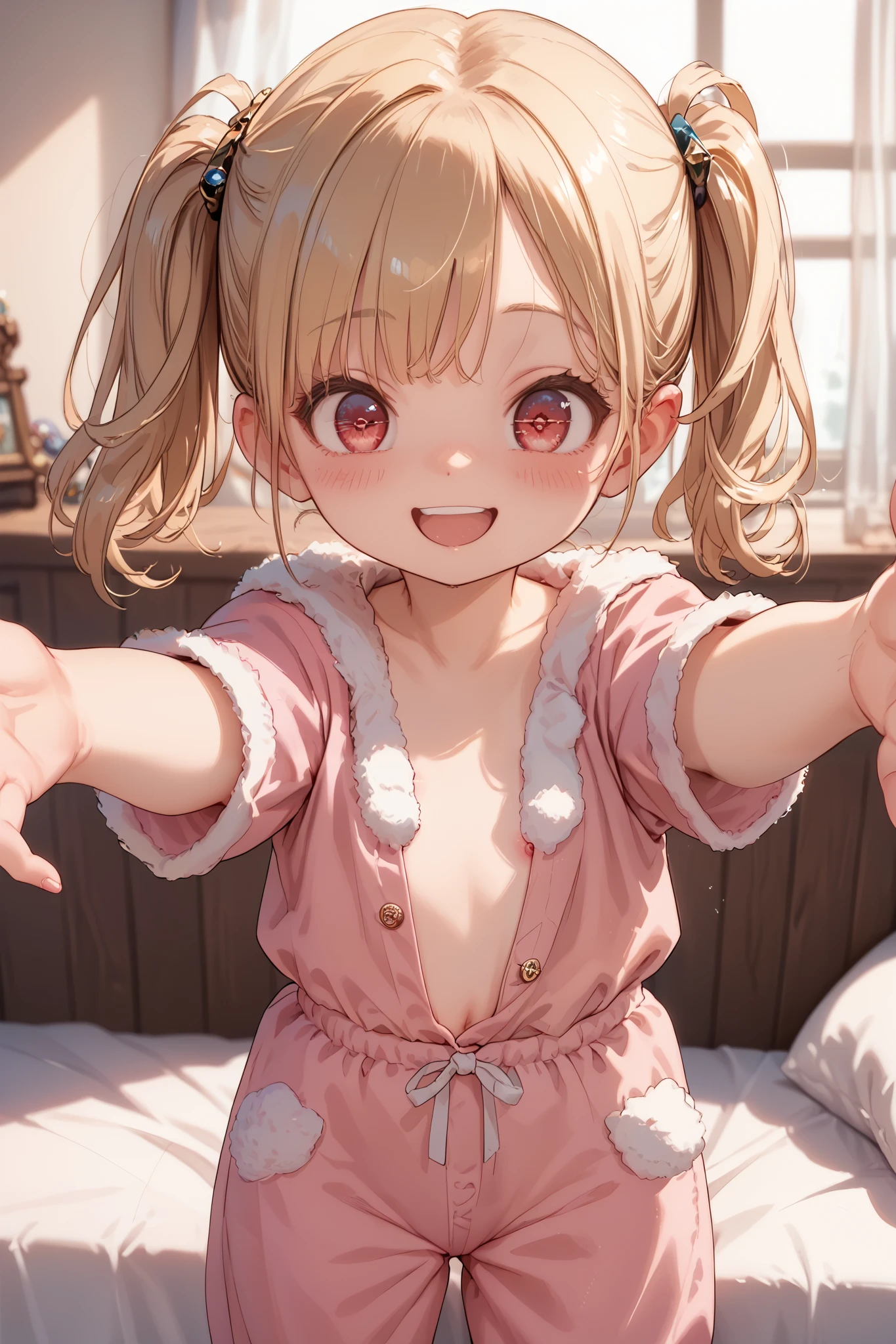 ((((1Girl)))),gold hair,long hair,twintails,best quality,red eyes, curi inside hair,asymmetrical bangs,((petite)),pink pajamas,((bedroom)),flat chest,(((blush))),(((smile))),(open eyes),((((reaching towards viewer)))),