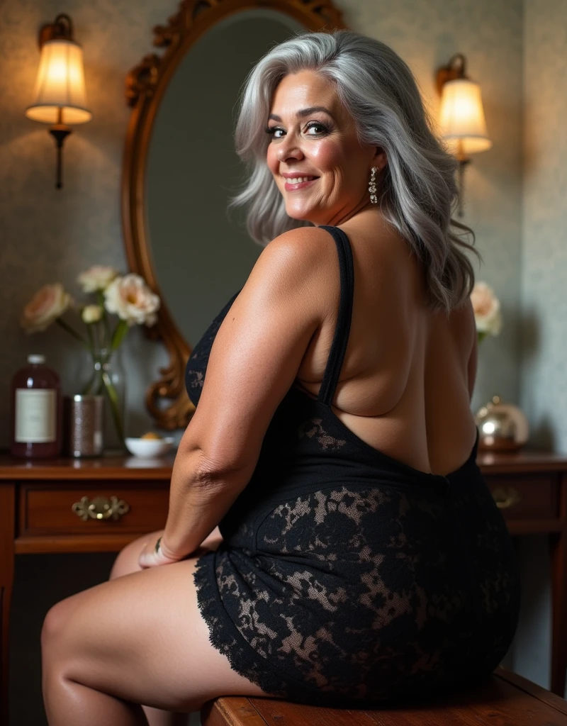 Mature old woman 80 years with curly silver hair, plus size, old face and body with many wrinkles, smiling, loose skin, standing at bedroom posing for photo, She satin black lace dress with red print and large neckline and lace stockings, view from behind. jaw dropping mature older beauty, old face and body with wrinkles, old face, attractive grandma, a gorgeous old hair, beautiful old grandma, lovely older mature grandma, gorgeous beautiful grandma over 80 years old, beautiful curly silver hair grandma, beautiful detailed body and face, a beautiful old granny