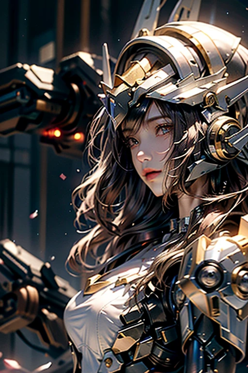 beste-Quality、A masterpice、ultra-high-resolution、(pphotorealistic:1.4)、Raw photo、女の子1人、Black hair、glowy skin、1 Mechanical Girl、((hyper-realistic details))、portlate、Global Illumination、Shadow、Rendu octane、8K、ultrasharp、large tits、Raw skin is exposed in cleavage、metals、Details of complex ornaments、Steampunk details、Analog Meter、cog、gear、Golden hydraulic cylinder、high intricate details、Realistic light、CGSoation Trends、purple colored eyes、glowing eye、Facing the camera、neon details、Mechanical limbs、blood vessels connected to tubes、Mechanical vertebrae attached to the back、mechanical cervical attaching to neck、sitting on、Wires and cables connecting to the head、Gundam、Small LED lamp、