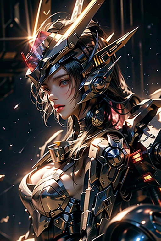 Top Quality, Masterpiece, Ultra High Resolution, ((Photorealistic: 1.4), Raw Photo, 1 cyberpunk Girl, Glossy Skin, 1 Mechanical Girl, (Ultra Realistic Details)), mechanical limbs, tubes connected to the mechanical parts, mechanical vertebrae attached to the spine, mechanical cervical attachment to the neck, wires and cables connecting to the head, Evangelion, Ghost in the Shell, small glowing LED lamps, global lighting, deep shadows, Octane Rendering, 8K, Ultra Sharp, Metal, Intricate Ornament Details, baroque details, Very intricate details, realistic light, CGSoation trend, facing the camera, neon details, (android manufactory in background), art by H.R. Giger and Alphonse Mucha.