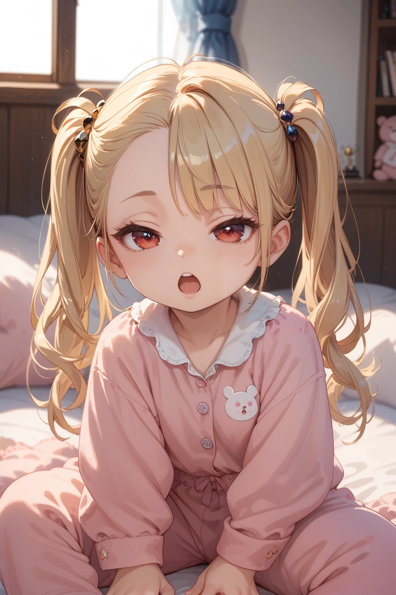 gold hair,long hair,twintails,best quality,red eyes, curi inside hair,asymmetrical bangs,((petite)),pink pajamas,bedroom,sleepy,(((Open mouth)))