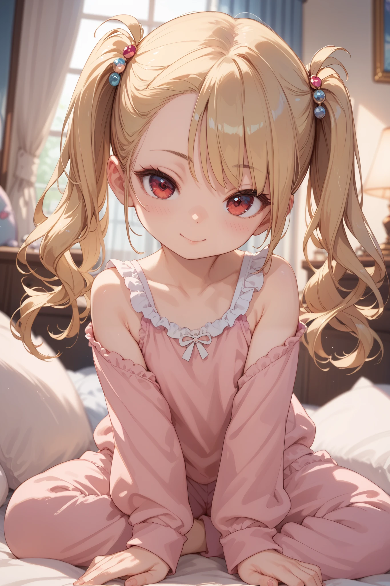 gold hair,long hair,twintails,best quality,red eyes, curi inside hair,asymmetrical bangs,((petite)),pink pajamas,bedroom,furrowed brow,