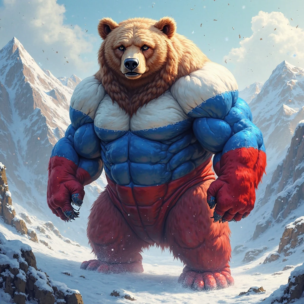 huge muscular kodiak brown bear in oregon, big smile, kodiak bear, huge brown fur, thick arm, huge arm, bald, brown mustache and brown bearded, (muscular, pectoral, wide pectoral, thick arms), HEIGHT: 220CM, WEIGHT: 270KG, forest, mountain, sunset, realistic, 8k, masterpiece, added cinnamon eyebrows, deatiled eyes with red pupils, (wearing black shorts, wristband, watch, shirtless, topless and black shoes), vibrating his pecs like a drum