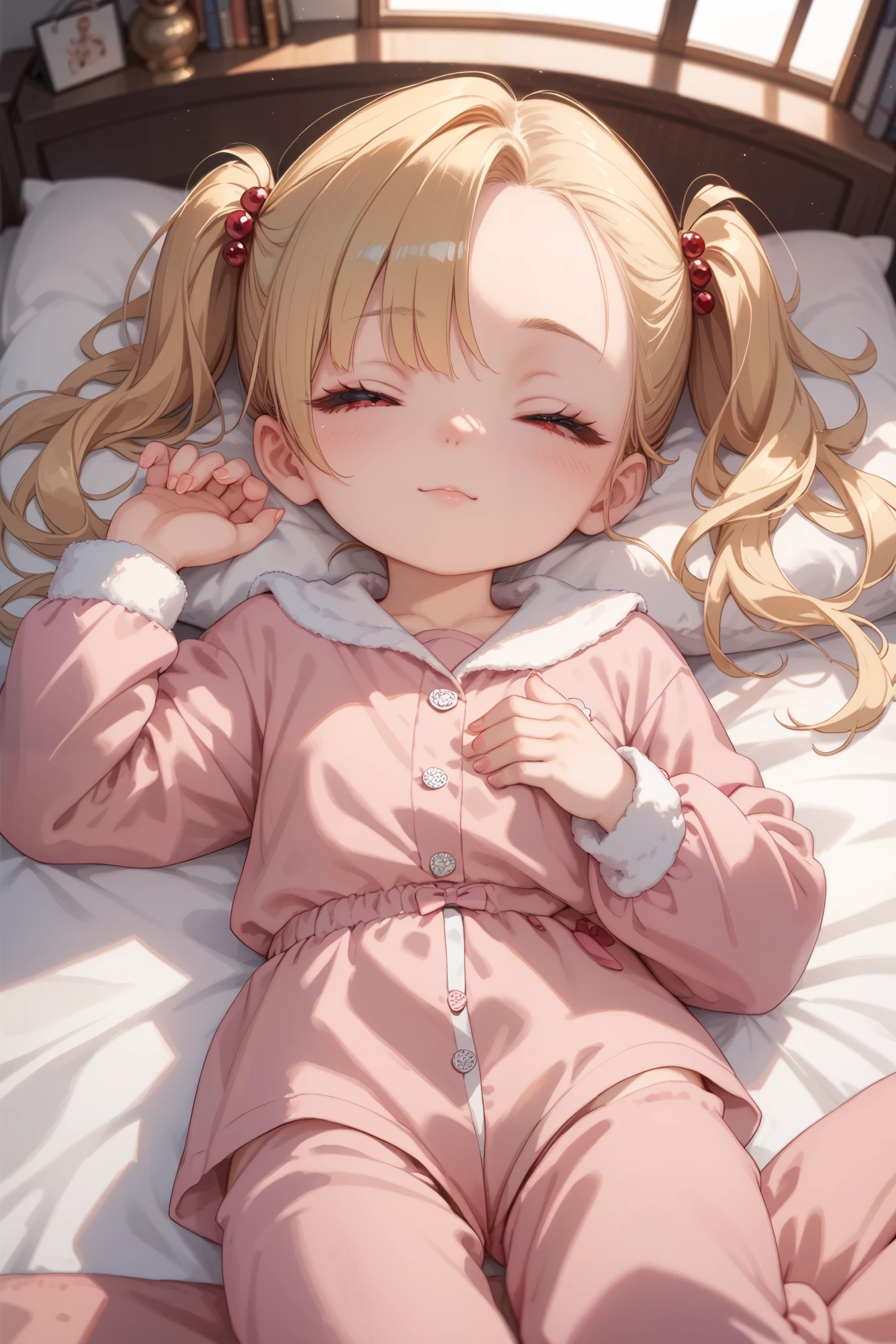 gold hair,long hair,twintails,best quality,red eyes, curi inside hair,asymmetrical bangs,((petite)),pink pajamas,bedroom,closed eyes,lie on bed