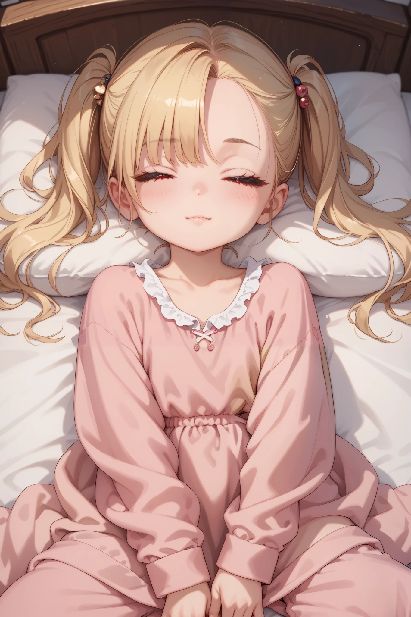 gold hair,long hair,twintails,best quality,red eyes, curi inside hair,asymmetrical bangs,((petite)),pink pajamas,bedroom,closed eyes,lie on bed