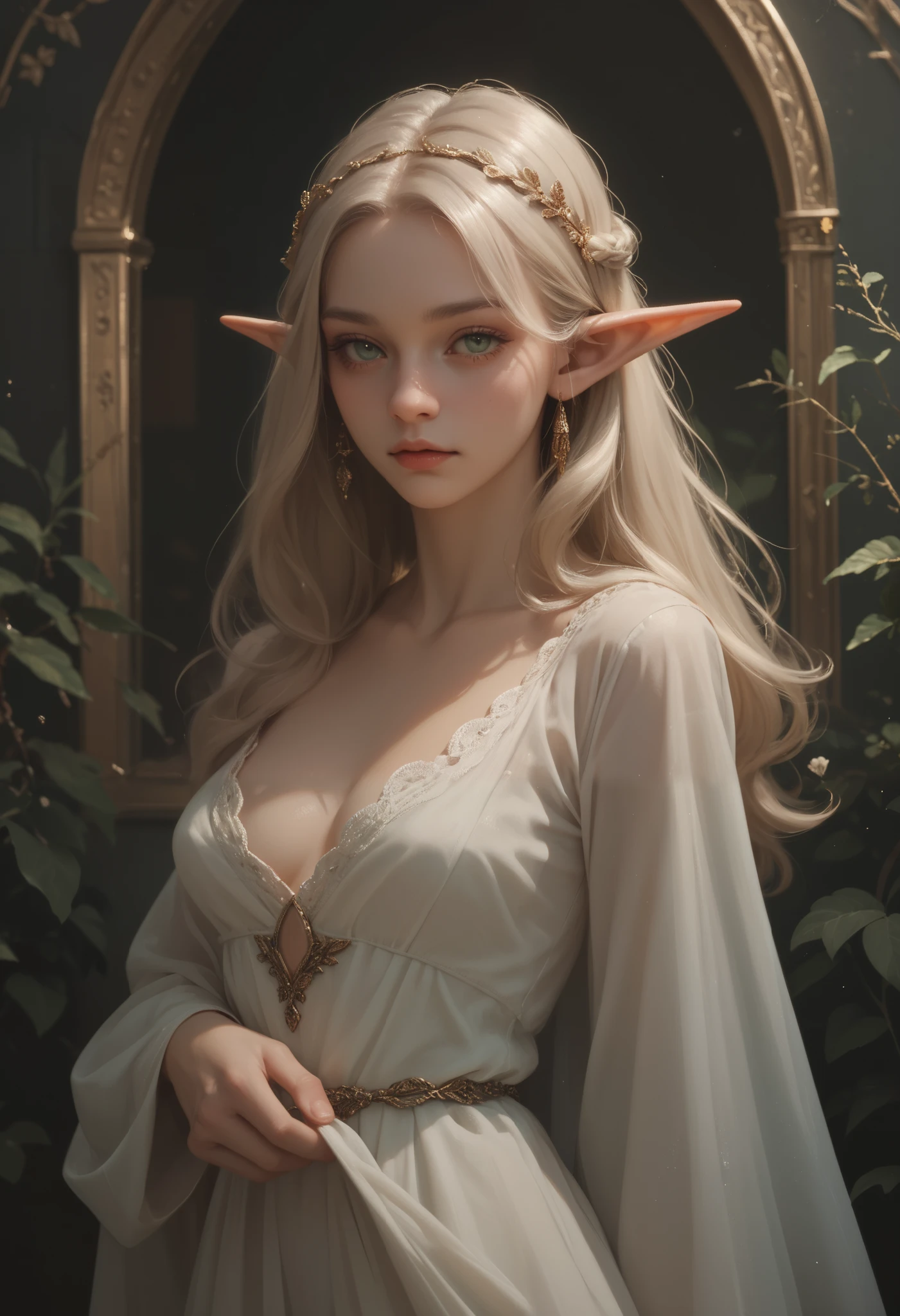 look at viewer, sitting on chair, graceful, (very huge breasts), elf ears, elf woman, A muted green in the tunic, a woolen robe in brown and a light medieval blouse with crochet lace, green bright eyes, 1girl, white skin, diamond face shape, Hot topics on artstation, Fantasyart, portrait of an elf queen, Belle peinture de personnage, Stunning character art, Epic and beautiful character art, blond-haired princess, medieval princess, fairy queen, fantasy art style, cinematic lighting, masterpiece, accurate, anatomically correct, textured skin, super detail, high details, highres, 8k, house, wood house, library