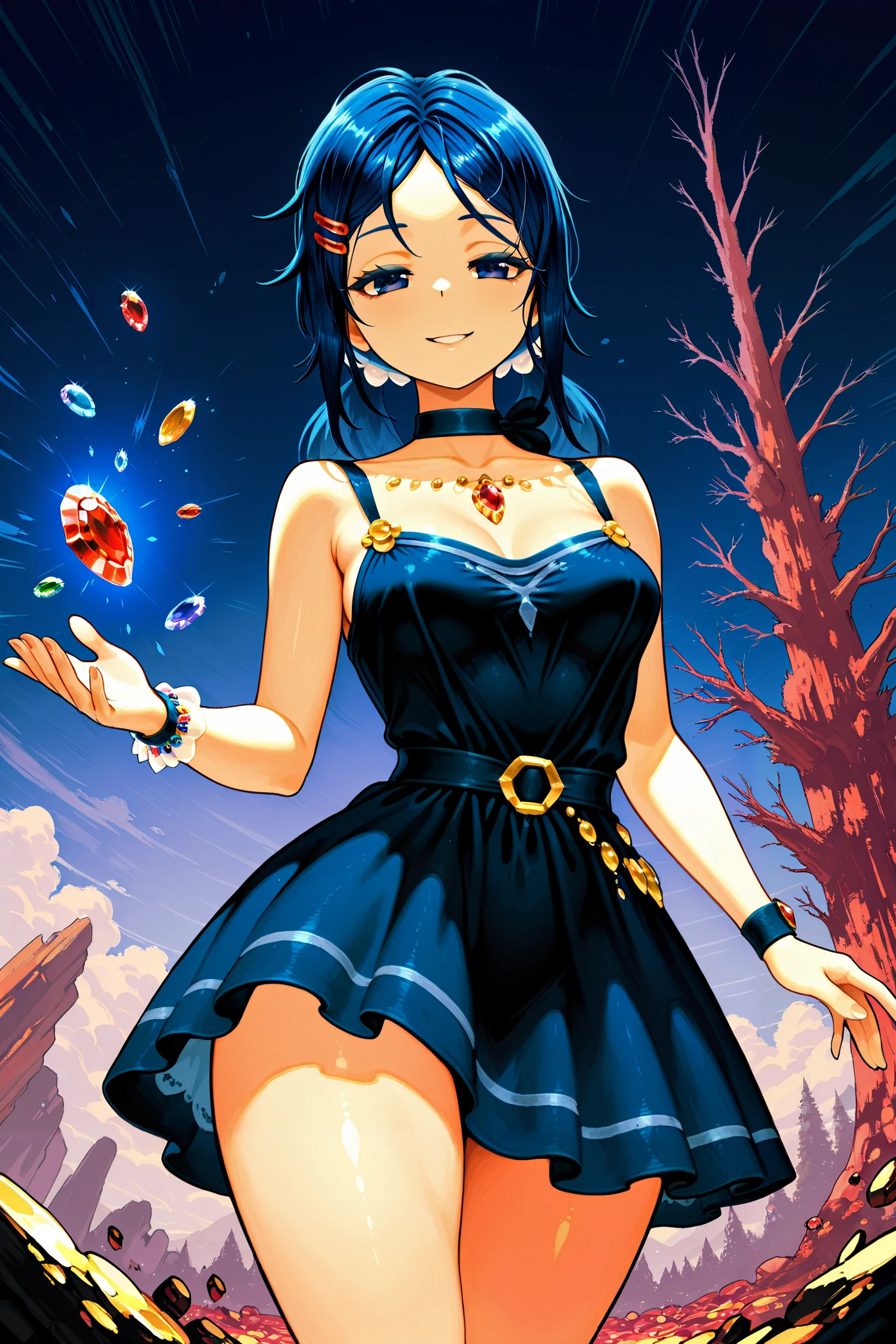 score_9, score_8_up, score_7_up, UHD, Masterpiece, amazing quality, very aesthetic, absurdres, ultra-detailed, 1girl,BREAK, BREAK, huge world tree:1.2, dynamic angle:1.5, panorama:1.2, cinematic:1.3,mita, dark blue eyes, dark blue hair,red clips ,(((( beautiful Dress full of jewel and gems)))), BREAK, cowboy shot:1.8, seduction poses, dynamic poses, seductive smile, BREAK, medium loose breasts, thicc thighs ,(((solo)))