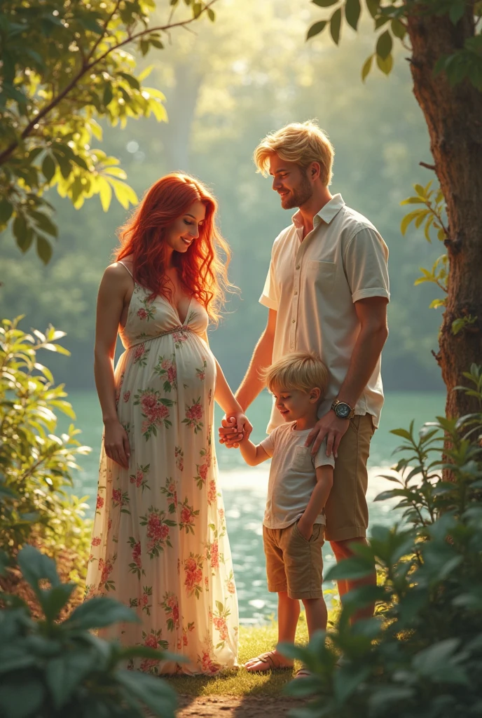 Couple pregnant woman with long hair strawberry blonde amber eyes wearing a beautiful white dress and a tanned man with short wavy black hair bright green eyes defined body protective and extremely handsome with two children a with clothes in the middle of the couple and a baby with a little dress on the mother's lap ,in a dark forest in the moonlight with wolves