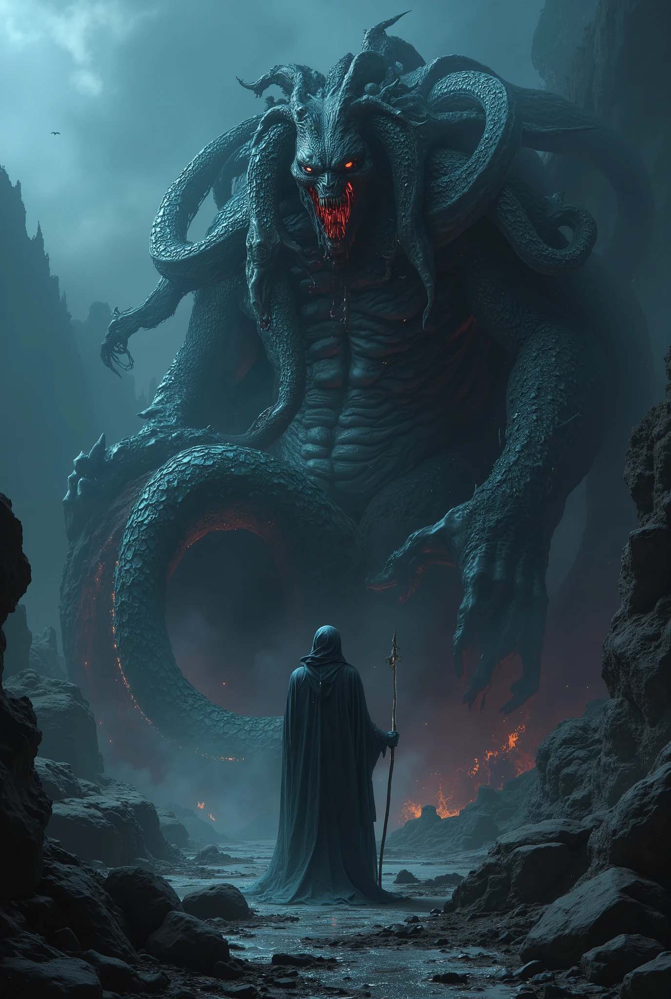 neon colored, a monstrous half-human, half-serpent creature, typhon and beautiful echidna, greek mythology, highly detailed, intricate, dramatic lighting, intense colors, dark fantasy, cinematic, concept art style, epic, grandiose, large scale, powerful, imposing, mythical, dramatic, chiaroscuro, moody, dynamic, dramatic pose, ominous atmosphere, mythological, fantasy, dark, foreboding, visceral, intense, hyperrealistic, photorealistic, 8k, best quality, masterpiece