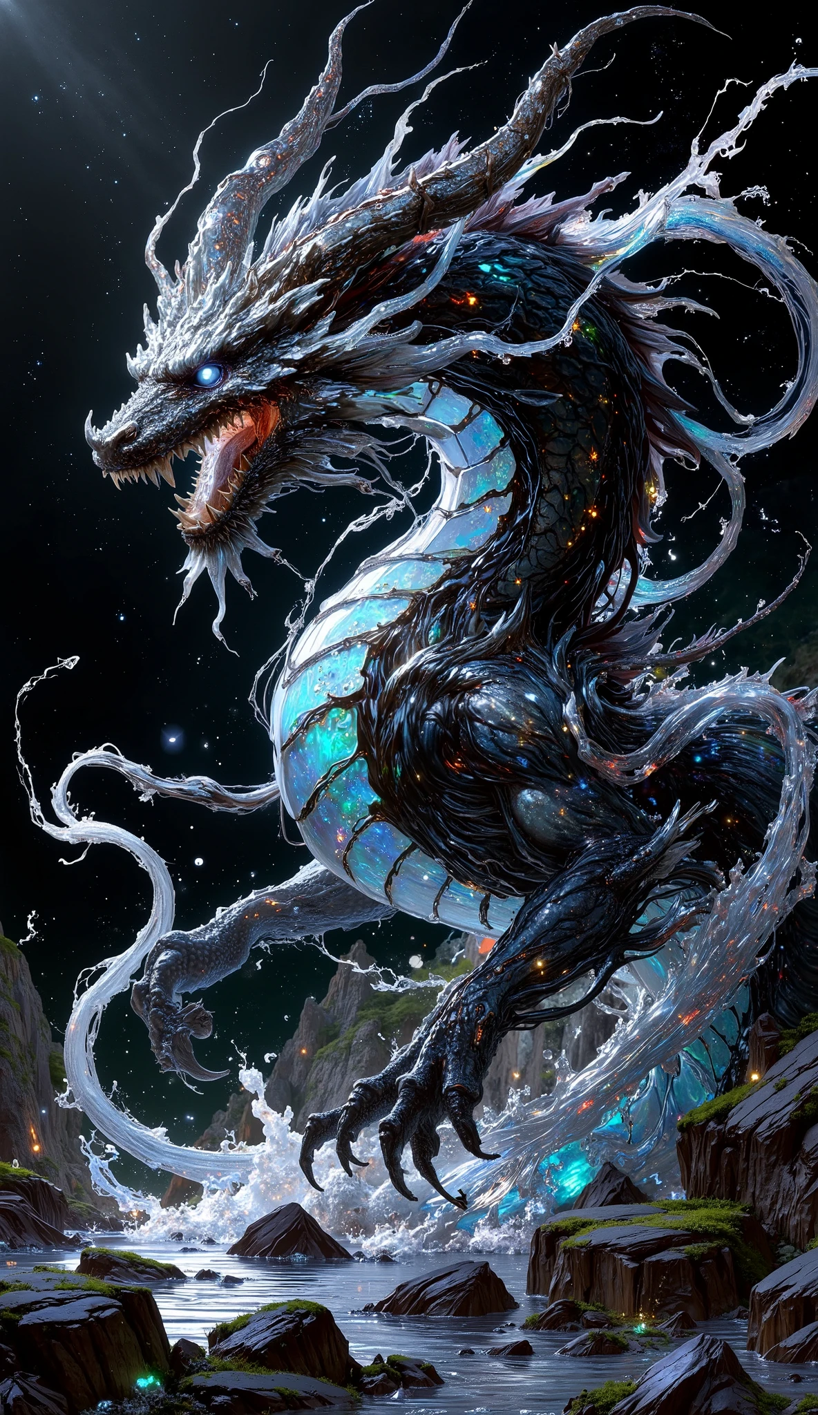 (Best Quality, 4K, 8K, High Resolution, Masterpiece: 1.2, Super Detailed, Realistic, Photorealistic:1.37), A black opal dragon, powerful protecter, majestically beautiful, black starry space background, tail whipping stars, black starry space surround dragon like water, black starry watery space enveloping dragon, translucent black opal scales, prominent vanta black color, no land, prominent starry space background, no floor, cosmic black opal dragon.