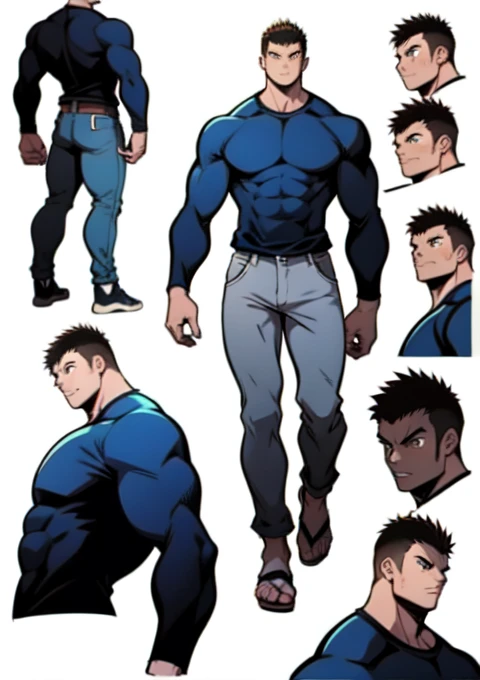 1boy, single, reference sheet, character design, front angle, side angle, left side angle, right side angle, dynamic poses, (masterpiece:1.2), (best quality:1.3), (reference sheet:1.5), adult anime male, huge man, very tall man, masculine body, muscle body, muscle tall male, athletic body, muscle builder, muscle, bulky body, giant, Bara, 6ft. male, (Blue eyes), (short hair), (short bangs), (black hair), (pale skin), (pale skin color), beard, naked, naked men, nude, nsfw, handsome, wide chest, string underwear, speedo, huge hips, wide hips, daddy, barefoot, not wearing pants, rugged, 40 years old, pubic hair, big bulge