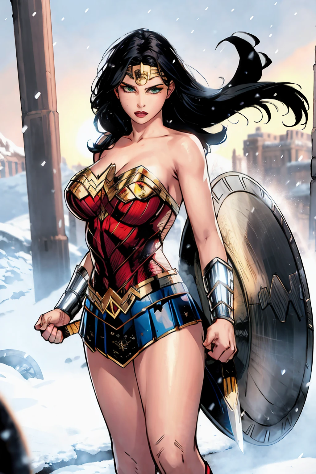 jim lee,

1girl, wonder woman, armlet, black hair, blurry, bracer, breath, cape, cowboy shot, depth of field, holding, holding weapon, lasso, looking at viewer, parted lips, pommel, realistic, reverse grip, shield, leotard, snow, snowing, solo, superhero, sword, tiara, toned, weapon, weapon behind back

, ((masterpiece))