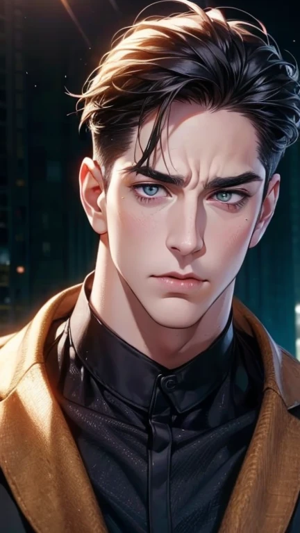a medium-built young man with a clean-shaven face and short dark brown hair, his brown eyes revealing a quiet determination, wearing a black and yellow hoodie, (best quality,4k,8k,highres,masterpiece:1.2),ultra-detailed,(realistic,photorealistic,photo-realistic:1.37),male portrait,highly detailed face,close up shot,sharp focus,dramatic lighting,dynamic pose,urban background,vibrant colors,moody atmosphere