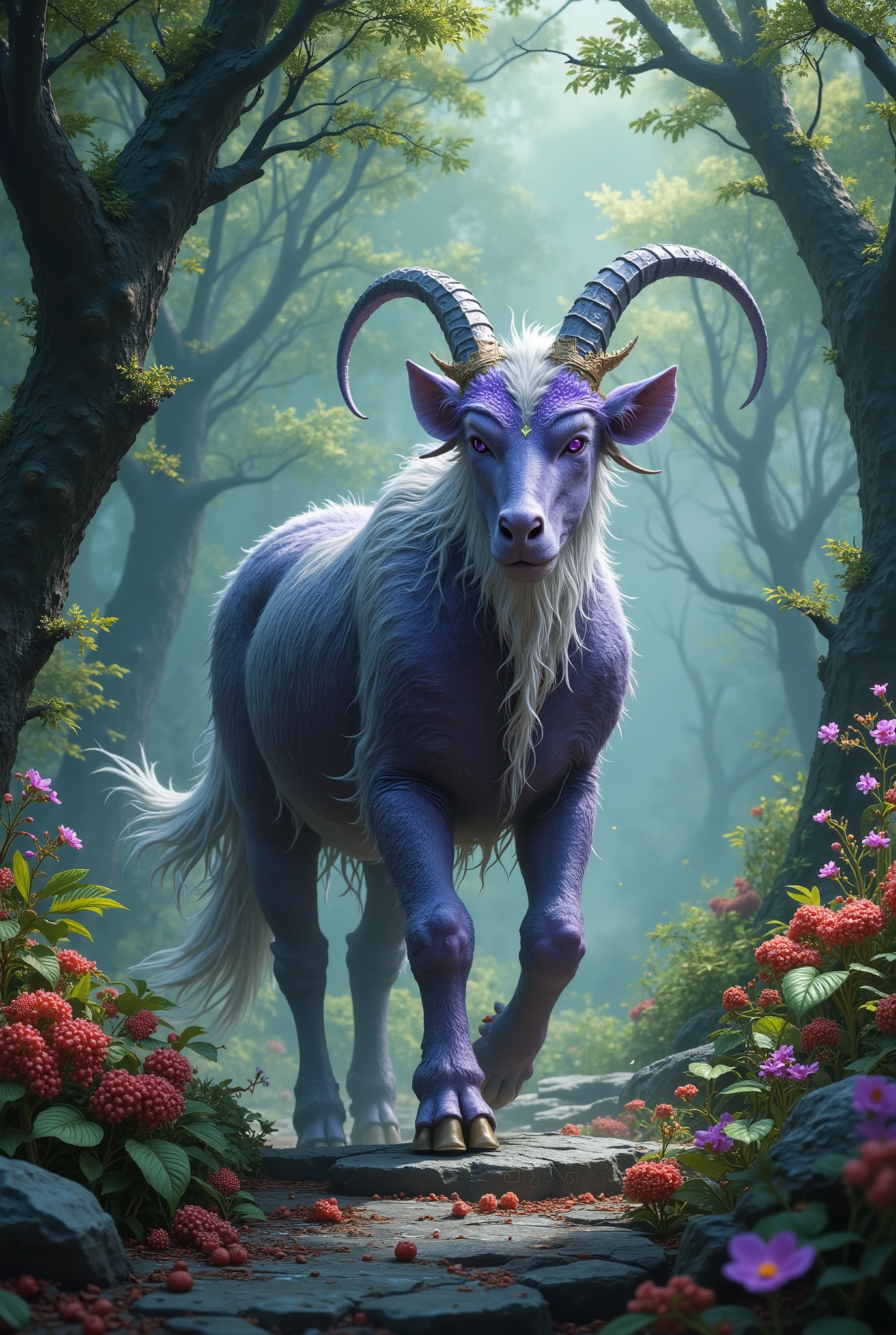 A beautiful Mystical Beast with Purple Eyes, and unusual wool, wanders through the Marvelous Forest with Berries and Bushes, His tail is imbued with magical signs, , a stone path made of runes, Masterpiece , fantasy style, best quality,