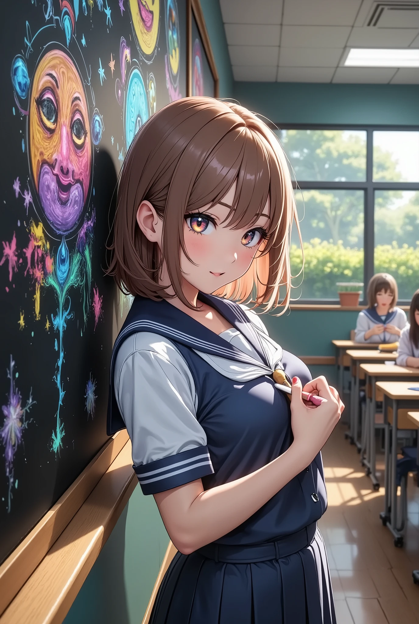 1 school girl, Cute school girl, blackboard に落書き, (可愛いセーラー服のgirls, skinの質感), School Classroom, blackboard , chalk art, Hand holding chalk, High Precision, 4K, 8k, Masterpiece with natural light, Extremely Detailed Depiction, realistic, Photographic, HDR, UHD, Studio Lighting, ultra-fine painting, sharp focus, physically-based rendering, extreme detail, professional, vivid colors, Bokeh, girls, upper body, standing, uniform, Emoji, smile, Line of sight, hair, skin, Decoration, background, Light, shadow, artwork, conceptual art
