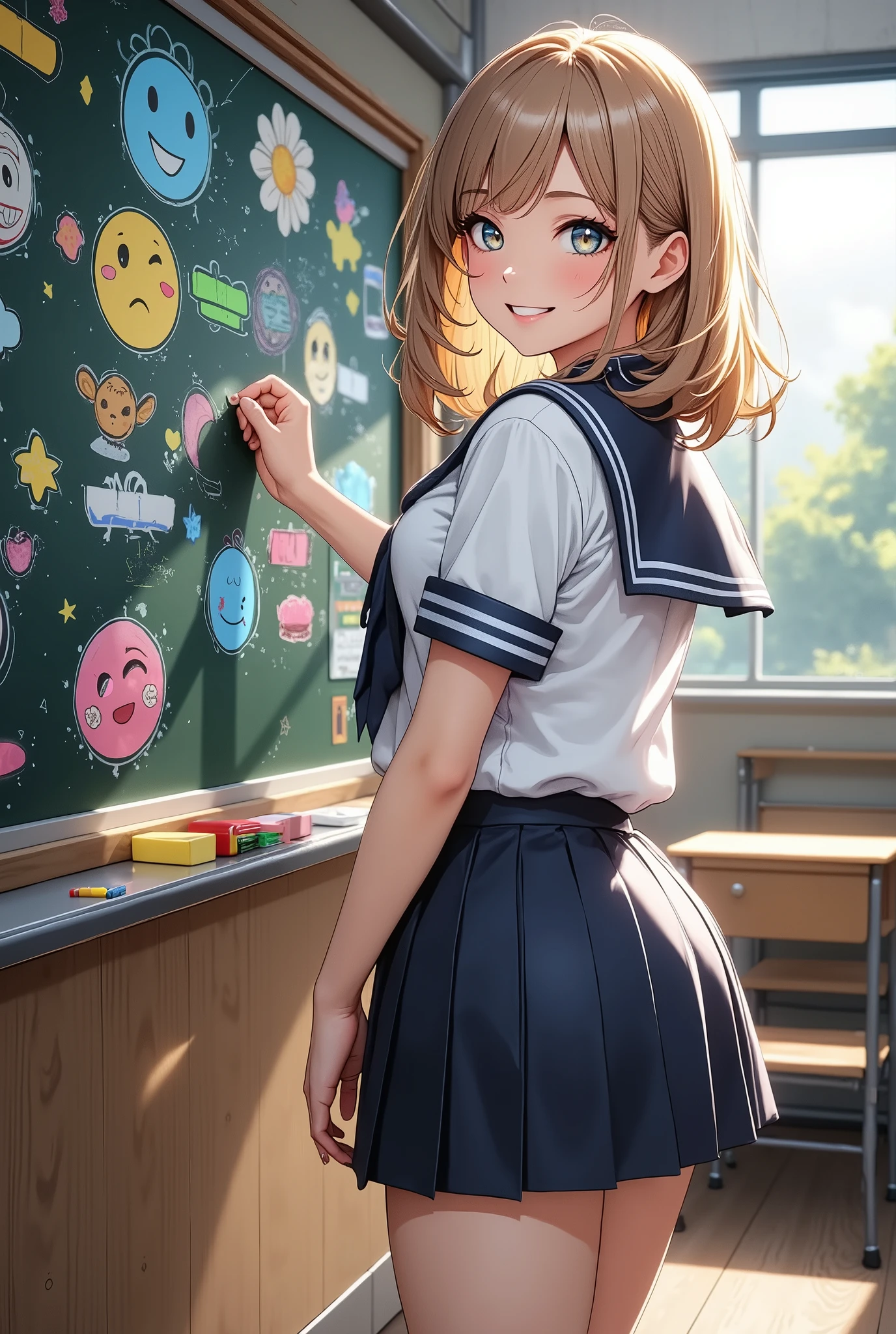1 girl, Cute school blackboard に落書き, (可愛いセーラー服のgirls, skinの質感), School Classroom, blackboard , chalk art, Hand holding chalk, High Precision, 4K, 8k, Masterpiece with natural light, Extremely Detailed Depiction, realistic, Photographic, HDR, UHD, Studio Lighting, ultra-fine painting, sharp focus, physically-based rendering, extreme detail, professional, vivid colors, Bokeh, girls, upper body, standing, uniform, Emoji, smile, Line of sight, hair, skin, Decoration, background, Light, shadow, artwork, conceptual art
